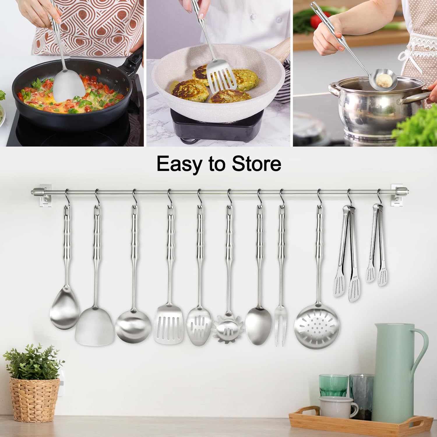 304 Stainless Steel Kitchen Utensils Set, 11PCS Metal Cooking Utensil Sets, Stainless Steel Cooking Utensils Set Include Meat Fork, Tongs, Turner, Soup Ladle, Dishwasher Safe