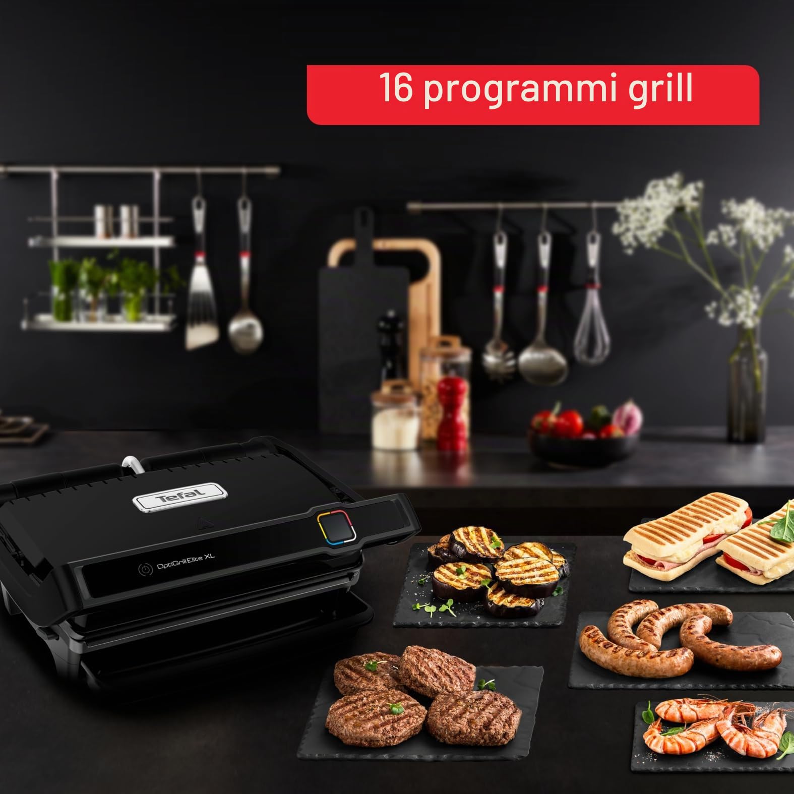 Tefal OptiGrill Elite XL GC760812 - Griglia a contatto, 16 programmi, display digitale con indicatore del livello di cottura, piastre XL rimovibili, griglia elettrica, colore nero