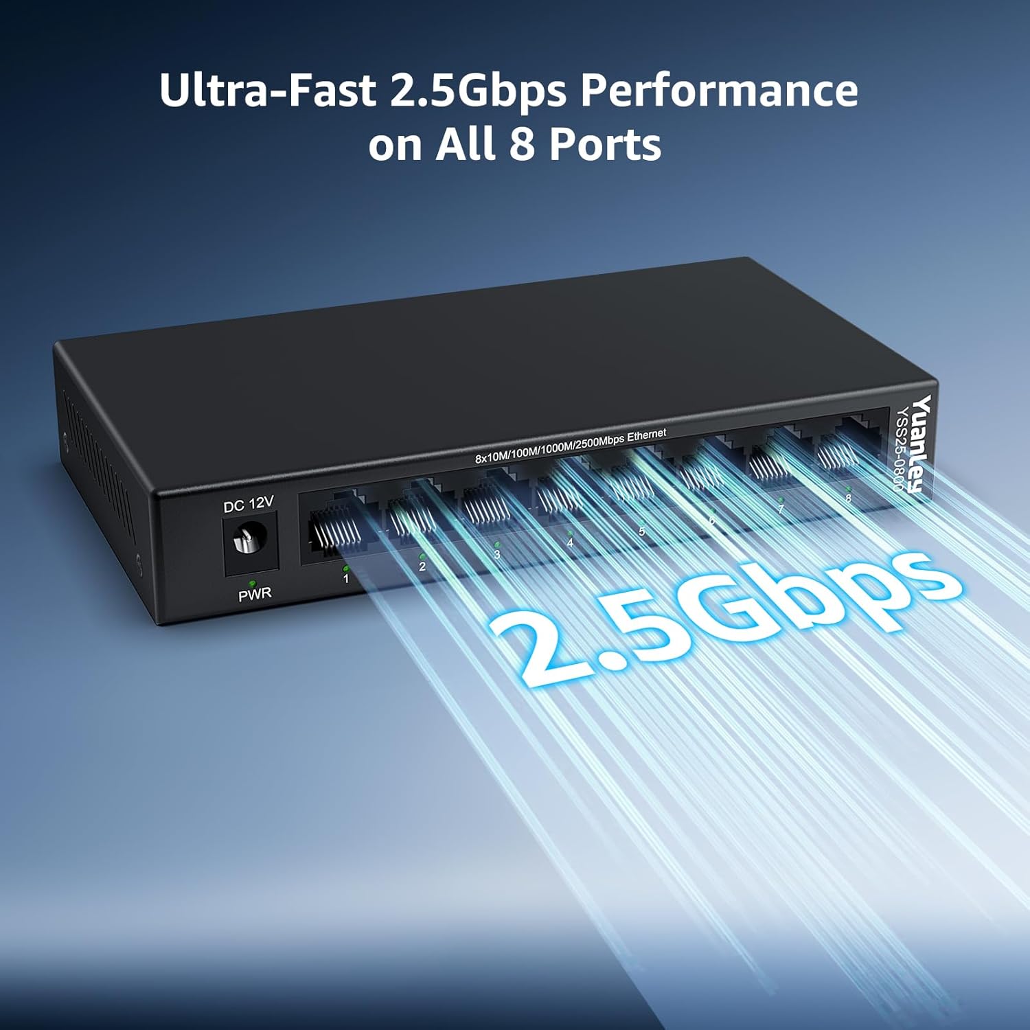 YuanLey 8 Port 2.5G Ethernet Switch, Multi-Gig 2.5Gbps Network Switch Unmanaged with 8 x 2.5GbE RJ45 Ports, Plug & Play, Desktop/Wall Mount, Fanless Metal LAN Switch for NAS, WiFi 6 AP