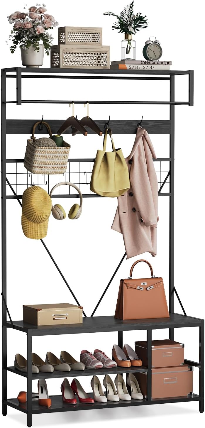 Hall Tree with Bench and Shoe Storage, 5 in 1 Coat and Shoe Rack with Adjustable Shelf, 39.37" Entryway Shoe Bench with Coat rack, Hanging Rod and 9 Hooks, for Hallway, Mudroom, Bedroom, Retro Black