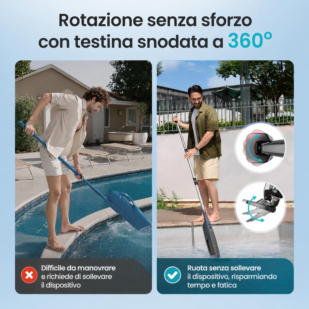 Aiper Pilot X1 Scopa elettrica Aspirapolvere per piscine esterne ed interne. Pulisci fondo. Manico Telescopico.
