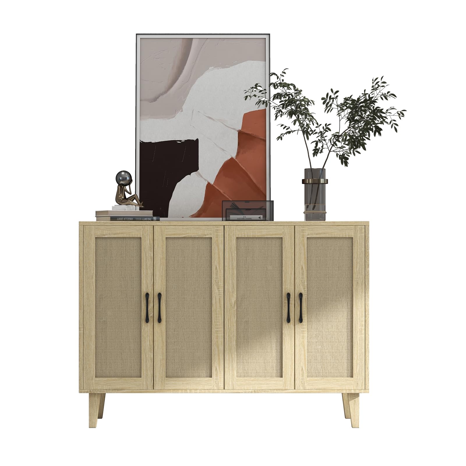 Panana Sideboard mit Rattangeflecht 4 Türen Sideboard TV-Schrank Schubladenkommode Holz Mehrzweckschrank für Flur Schlafzimmer Wohnzimmer Esszimmer (Braun)