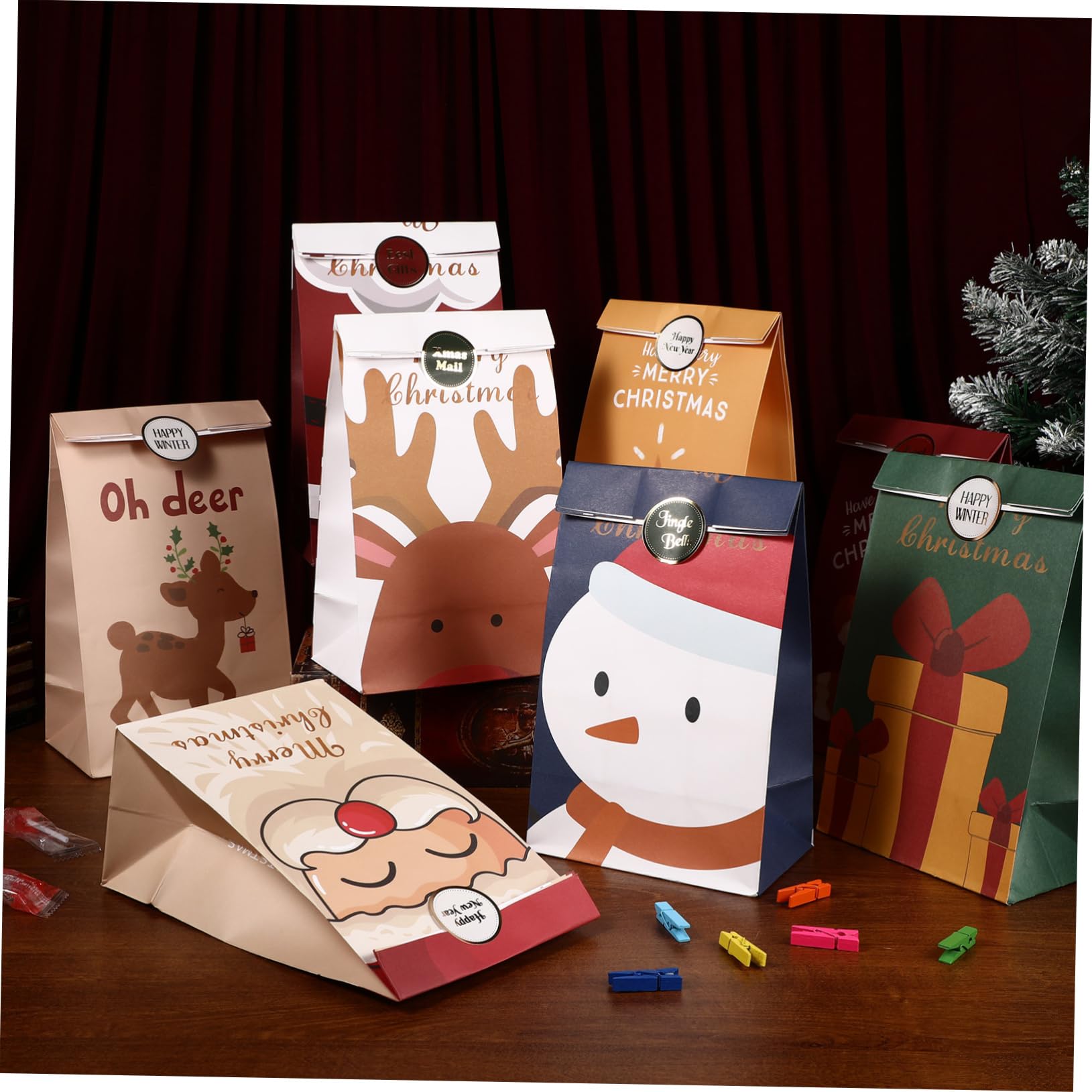 Anneome 12pezzi Sacchetti Di Natale Colorati Con Clip e Spago Da Buste Per Caramelle e Regali Facili Da Usare e Versatili Per Decorazioni Festive