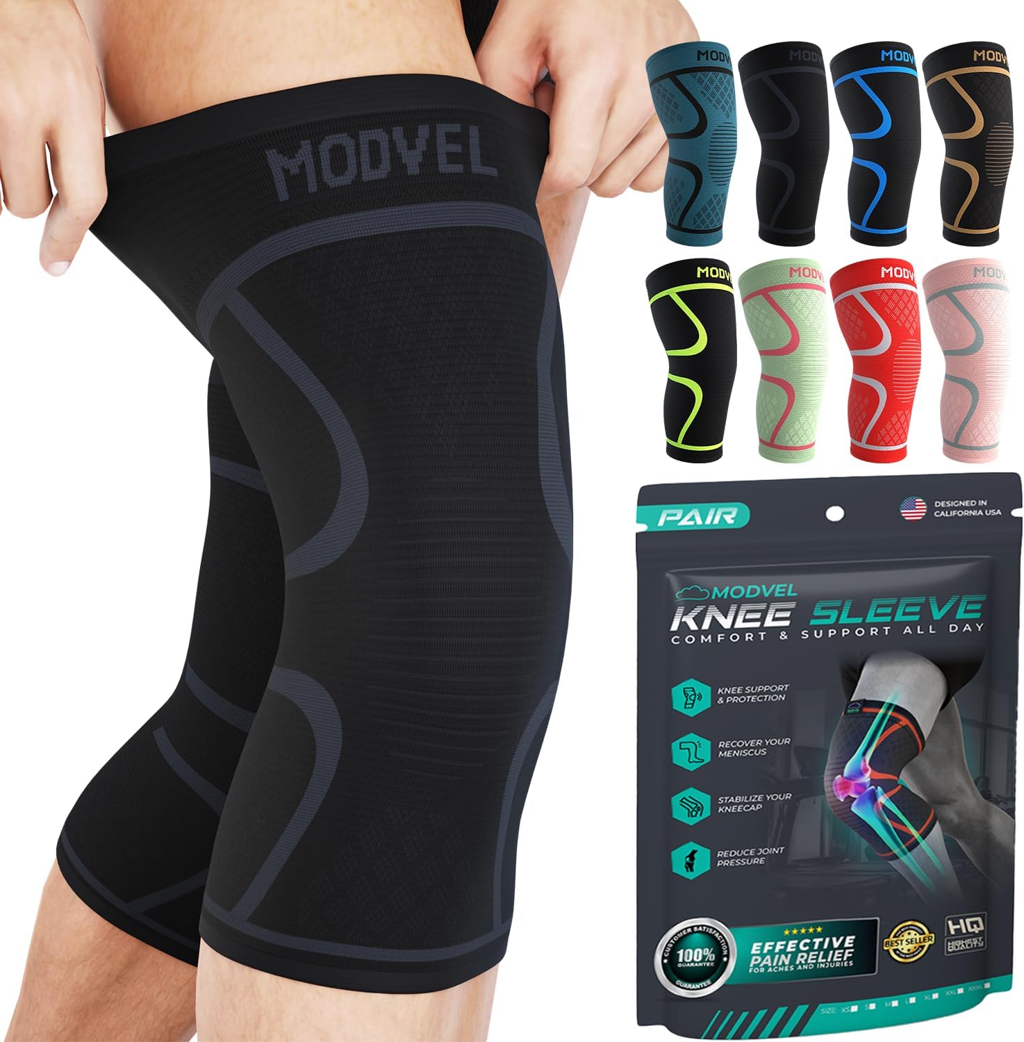 Modvel Knee Braces for Knee Pain Women & Men - 2 Pack Knee Brace for Knee Pain Set, Knee Brace Compression Sleeve, Knee Support for Knee Pain Meniscus Tear, ACL & Arthritis Pain Relief,Black XXXL
