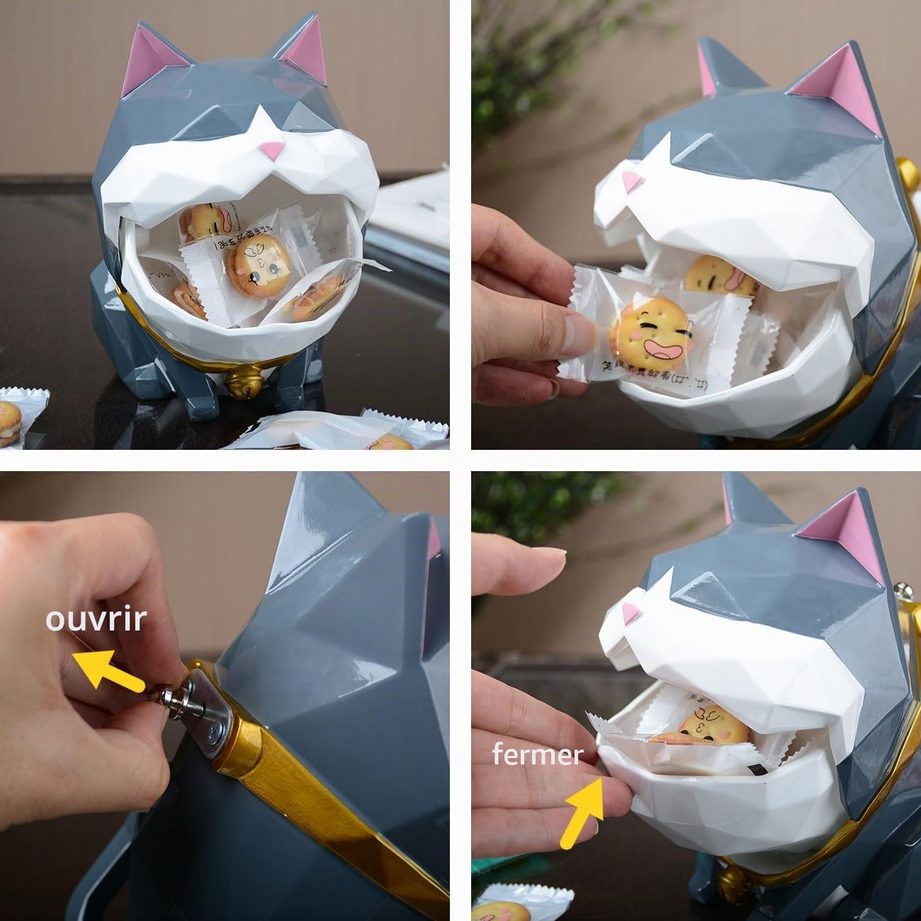 HAUCOZE Fermable Boite Biscuits Bonbons, Chat Statue Figurine Animal Sculpture Moderne Objet Décoratif Maison Cadeau pour Salon Rangement 19cm