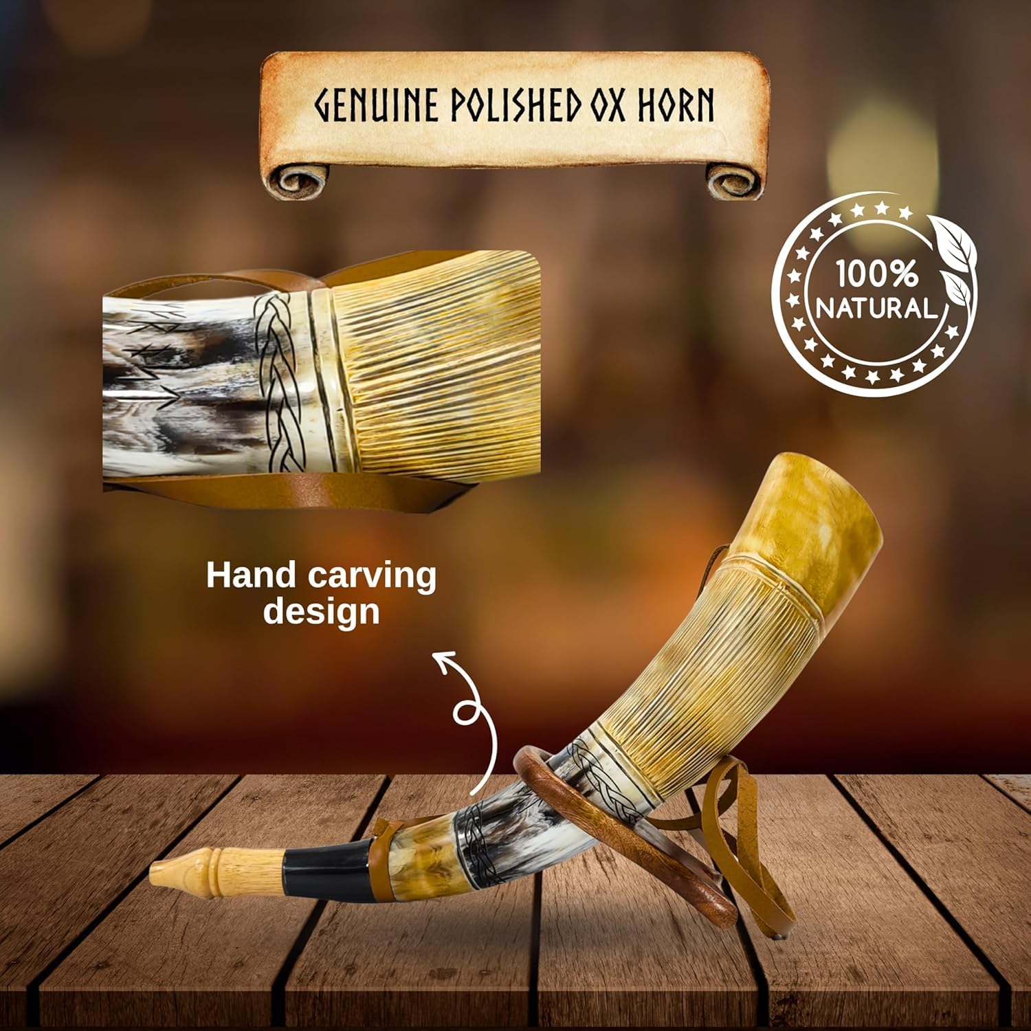 Viking Blow Horn | Genuine Ox Horn Trumpet | Viking Bugle Hunting tool with Wooden Stand | Ideal for Medieval Battle & Norse Gathering Fans | Handcrafted Antique Unique Gift for Men - 16" image 3