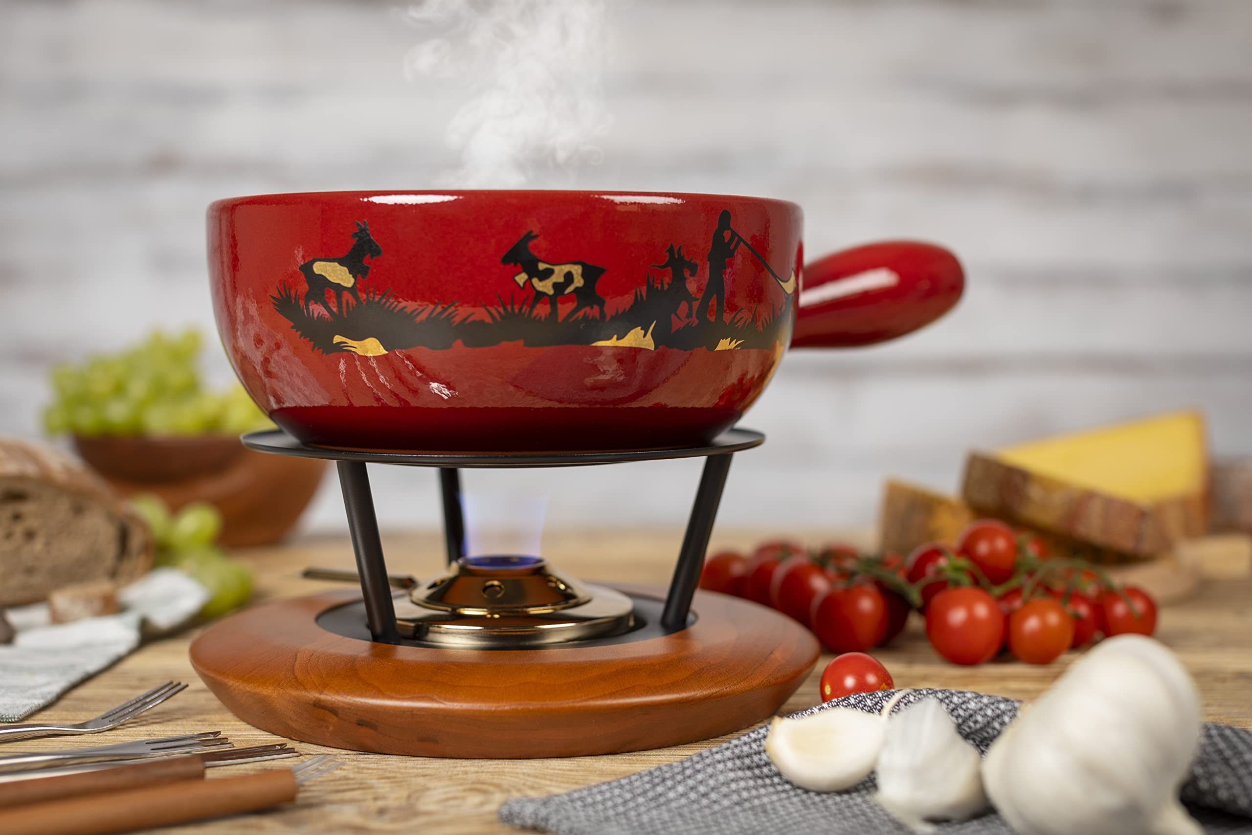 KUHN RIKON Fondue au fromage Caquelon Joueur de Cor des Alpes 22 cm, rouge
