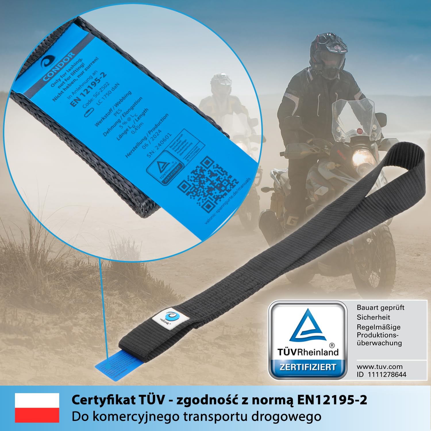 valonic CONDOR - 2X Pętle mocujące, 45cm, 35mm, 1750Kg, TÜV Rheinl. Certyfikat EN 12195-2 - czarny, szlufki do transportu motocykli, pas mocujący, pasy mocujące, samochód, pętla mocująca