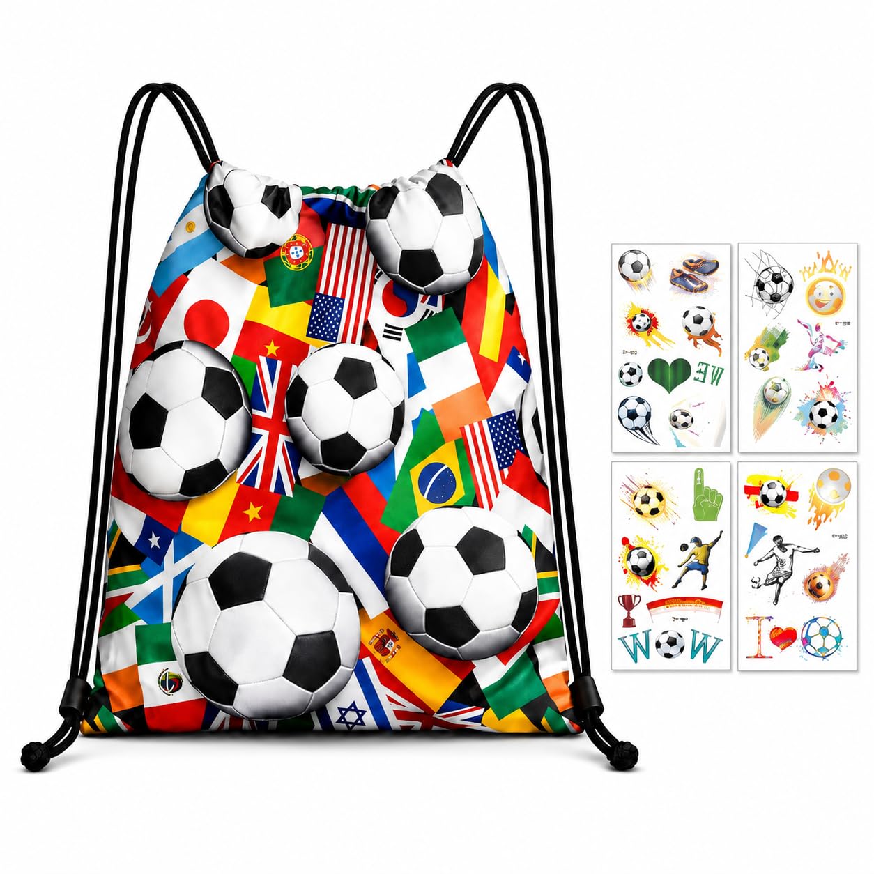 RUHSNJK World Cup Merchandise 2026 Drawstring Bag And World Cup 2026 Tattoos - 2pcs World Cup Supporter Fan Gear For Boys Girls, Multi-Nation Flag Backpack & Stadium Accessory Set