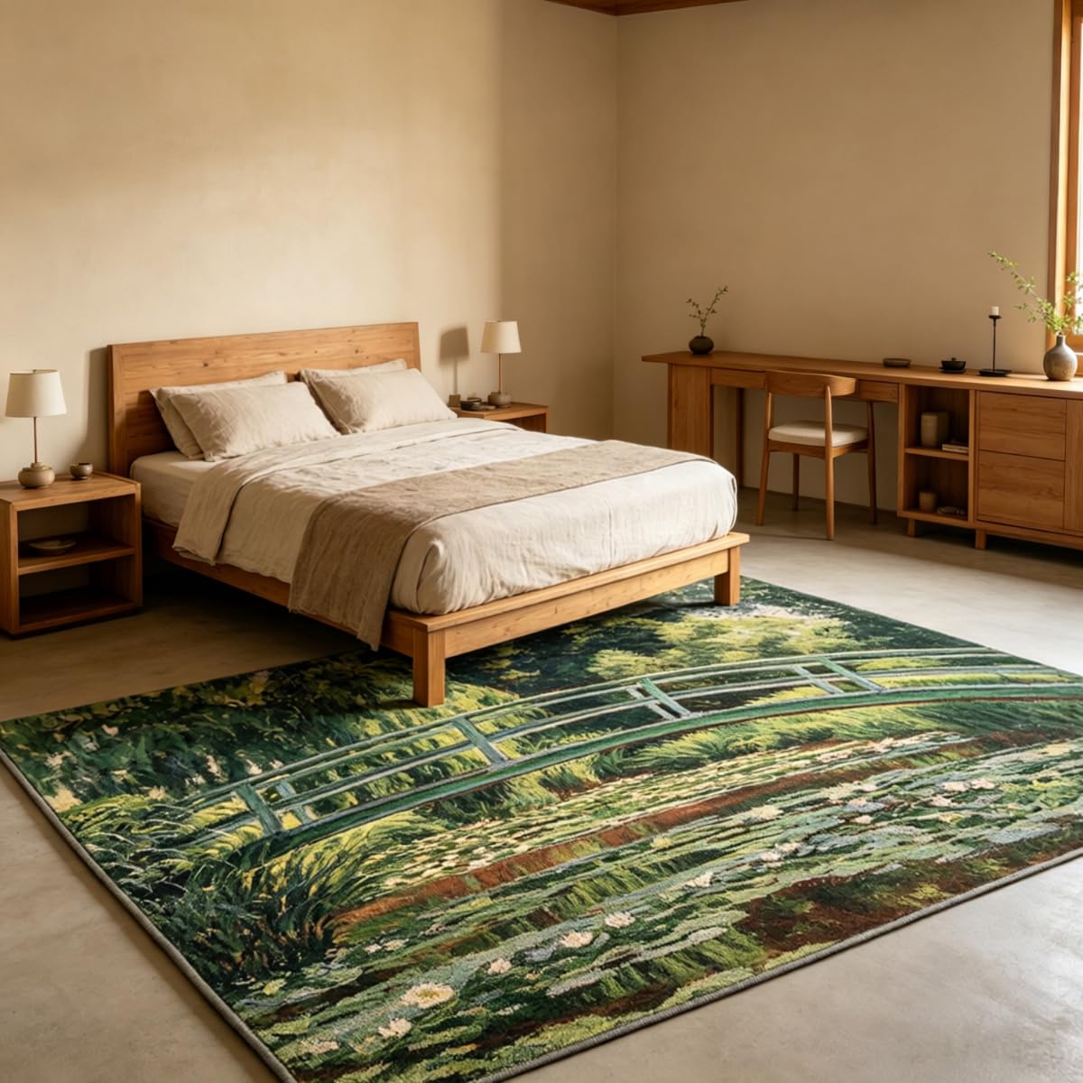 Tapis nymphéas Pont Japonais 160x200cm lavable en flanelle rase pour salon