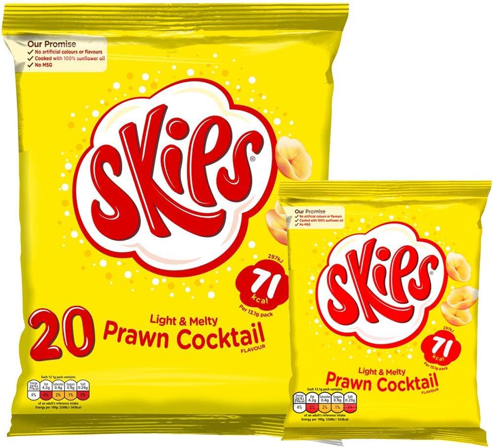 Skips Multipack Prawn Cocktail Crisps Flavoured Fizzy Light & Melty Tapioca Crisp Snacks, 20 x 13.1g (Pack of 20)