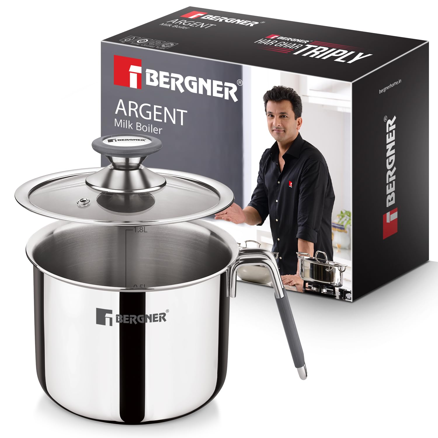 Bergner Argent Triply Stainless Steel 14cm (2 L) Milk Boiler with Glass Lid, Steam Vent, Flared Rim, Stay Cool Cast Handle with Silicone Grip, Even and Faster Heating, Easy to Clean – Induction Bottom