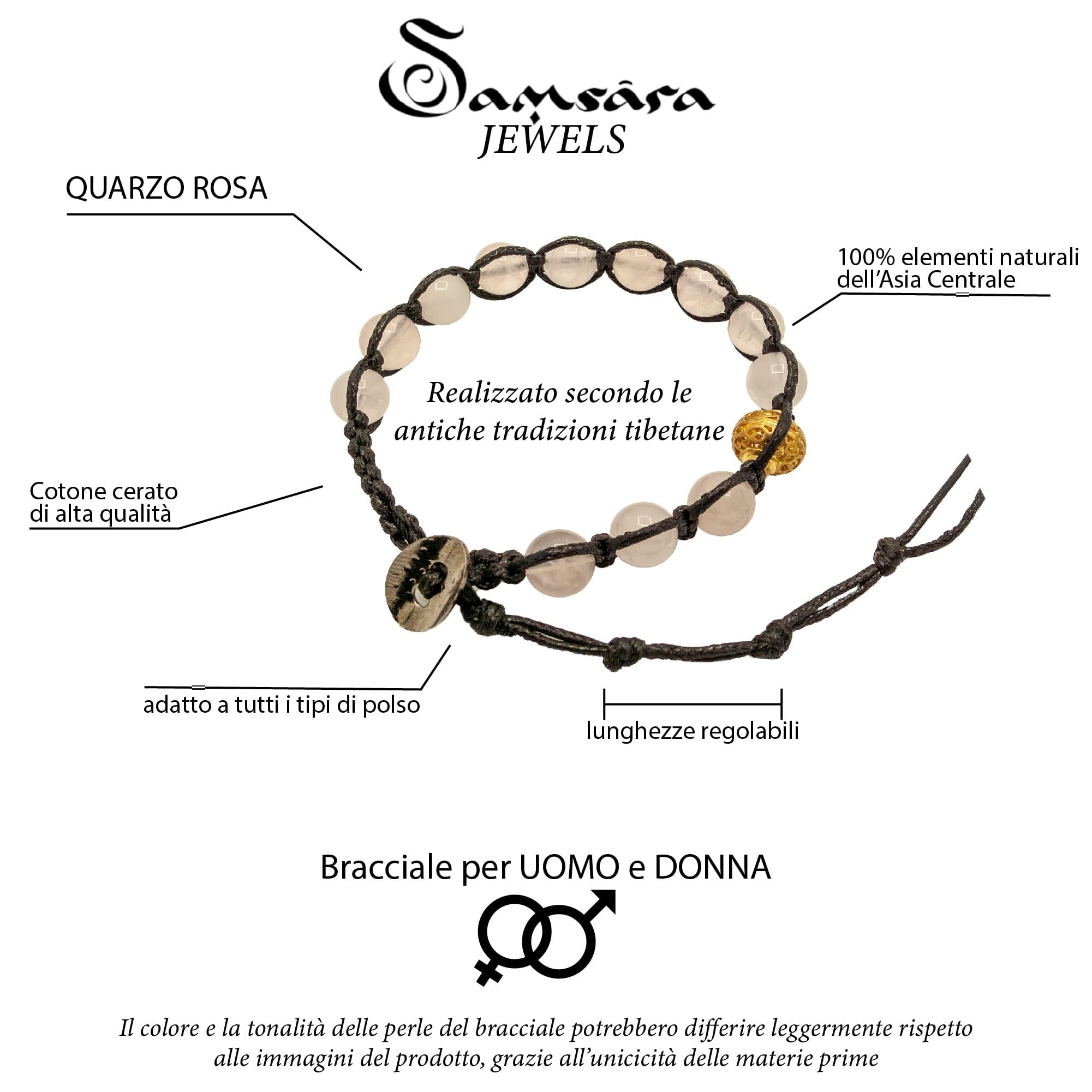 Samsara Bracciale Tibetano Buddista - shamballa con pietra in Quarzo Rosa - Filo in cotone cerato nero