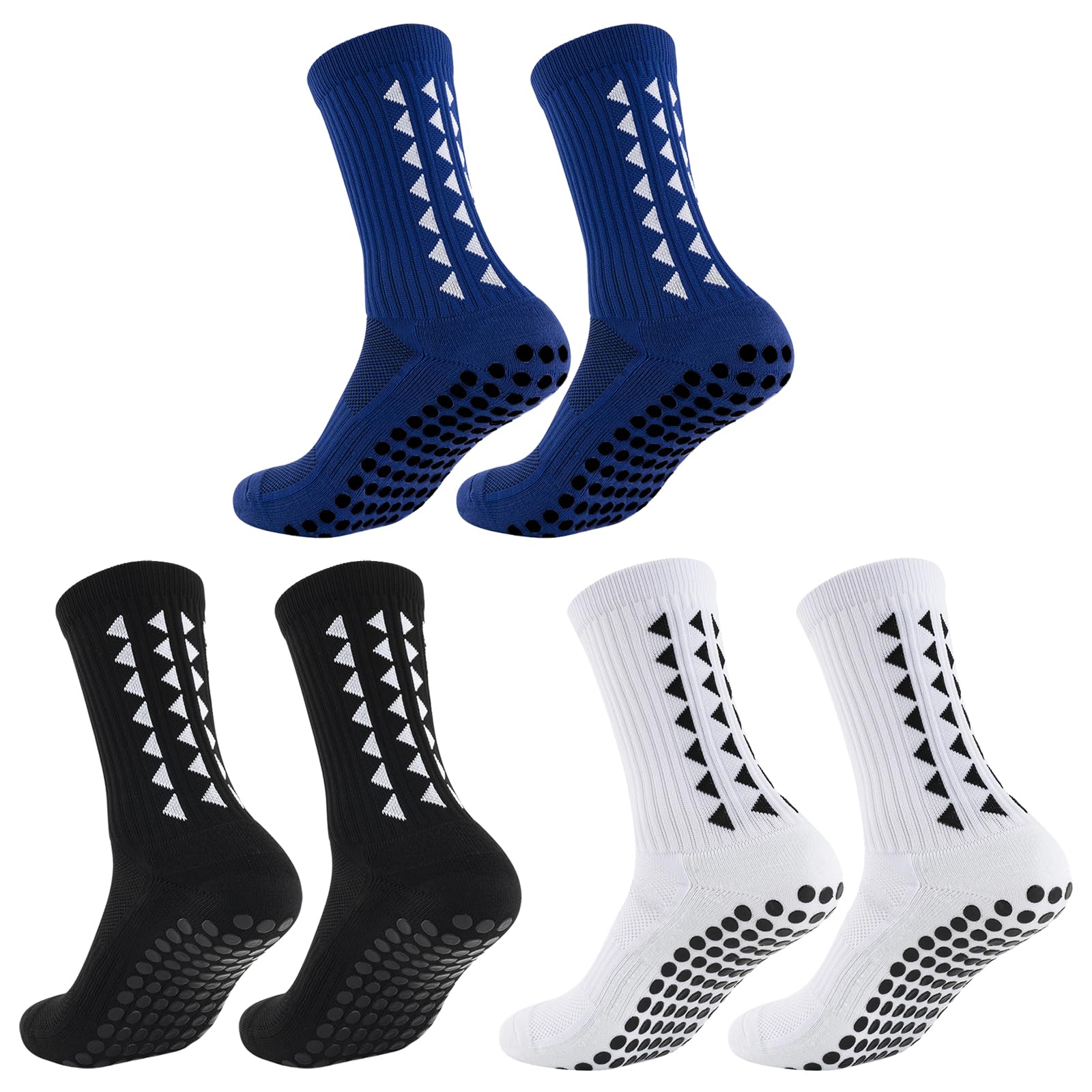 Gain The Edge Grip, 3 paia di calzini da calcio per uomini, donne e bambini, antiscivolo, con supporto per arco plantare migliorato, per calcio, rugby, basket, corsa, yoga (nero, bianco, blu)