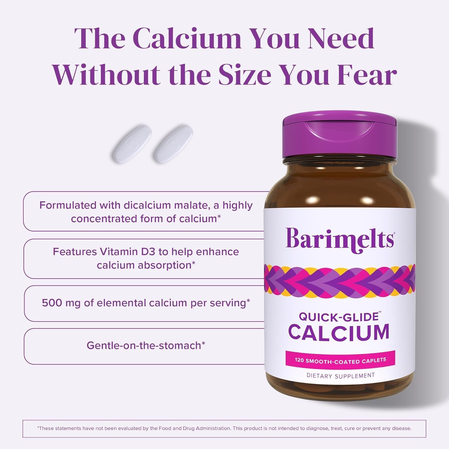 Barimelts Quick-Glide™ Calcium – Easy-to-Swallow Women’s Calcium Supplement with Vitamin D3 – Bone Health & Strength Support – Bioavailable Dicalcium Malate – 120 Smooth-Coated Caplets - Image 3
