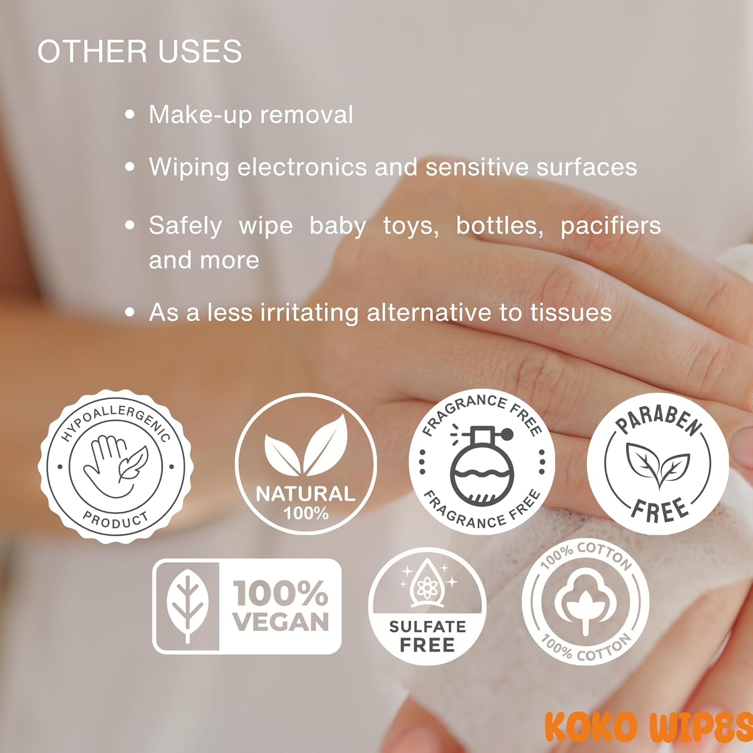 Koko Wipes Unscented Baby Wipes, 600 Count, 100% Cotton Dry, Super Absorbent & Hypoallergenic for Sensitive Skin, Use Wet or Dry, Ideal for Diaper Changes, Travel Size Wipes for Adults & Babies - Image 7