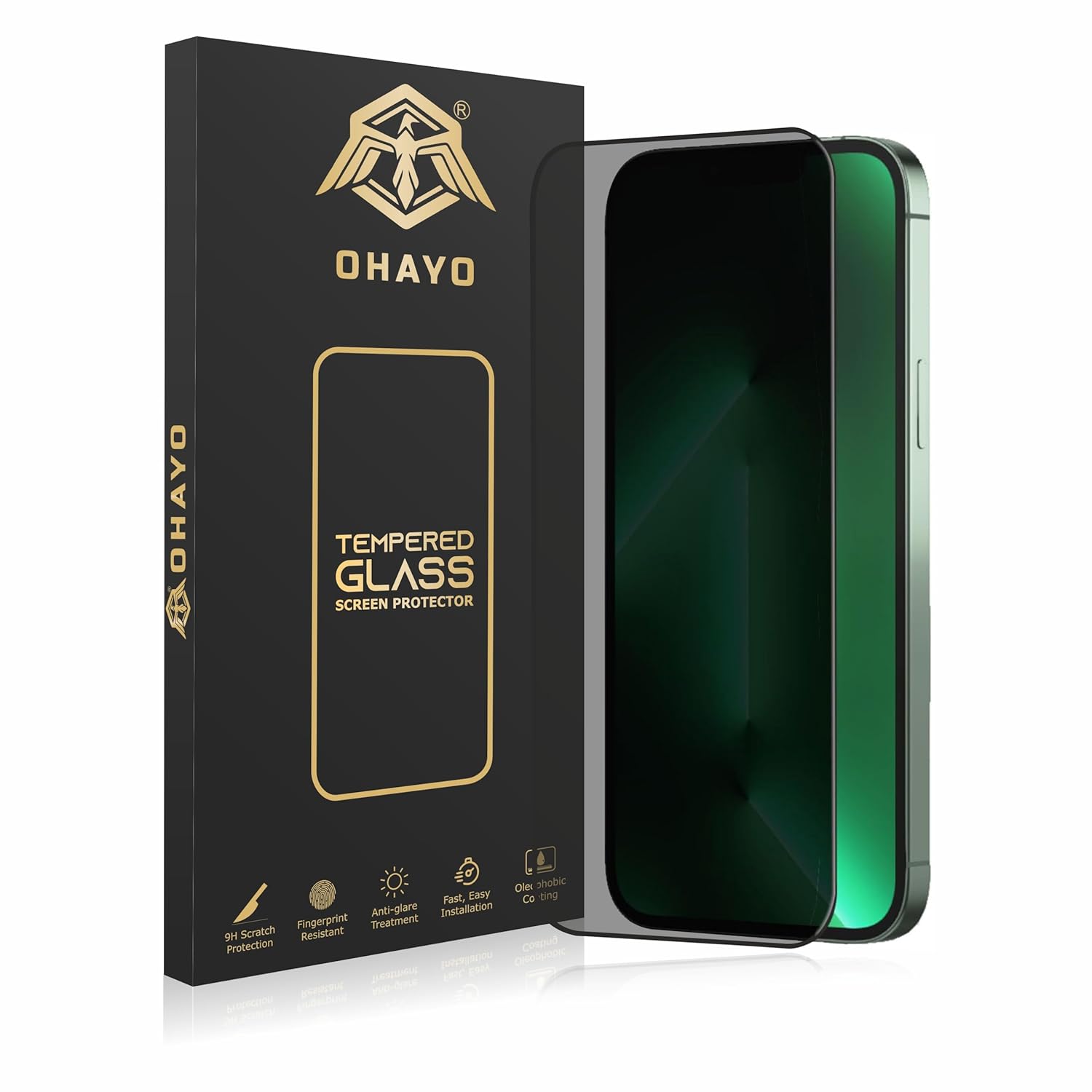 OHAYO Military Strength Tempered Glass Screen Protector For iPhone 13 Pro Max/14 Plus (Privacy) | 9H+ Hardness, Strong Protection, Full Screen Edge-to-Edge Cover, Scratch Resistant, Bubble-Free, Ultra HD Clarity
