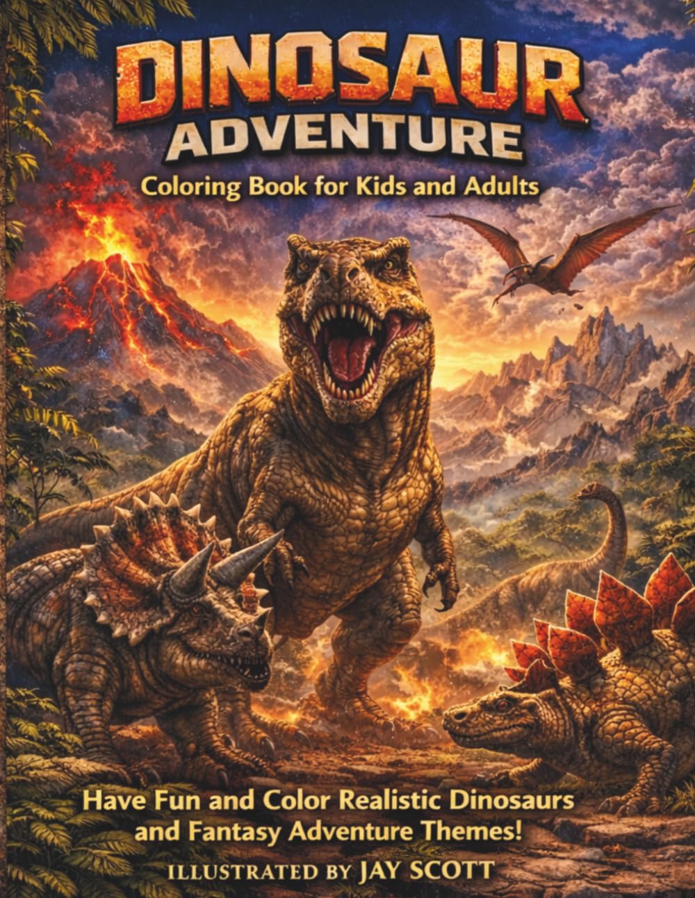 Dinosaur Adventure Coloring Book: Have Fun and Color Realistic Dinosaurs and Fantasy Adventure Themes!