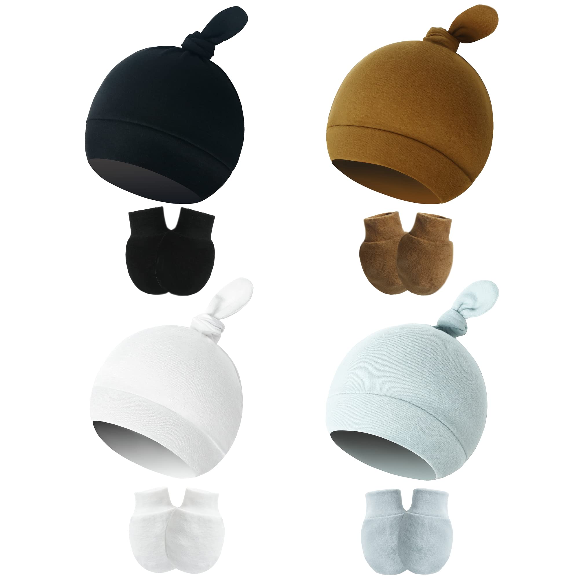 Tot Spot BabyNewborn Baby Hat and Mittens Set, Newborn Hospital Hat/Beanies with Knot/Ear & No Scratch Mittens for 0-6 Months Boy/Girl