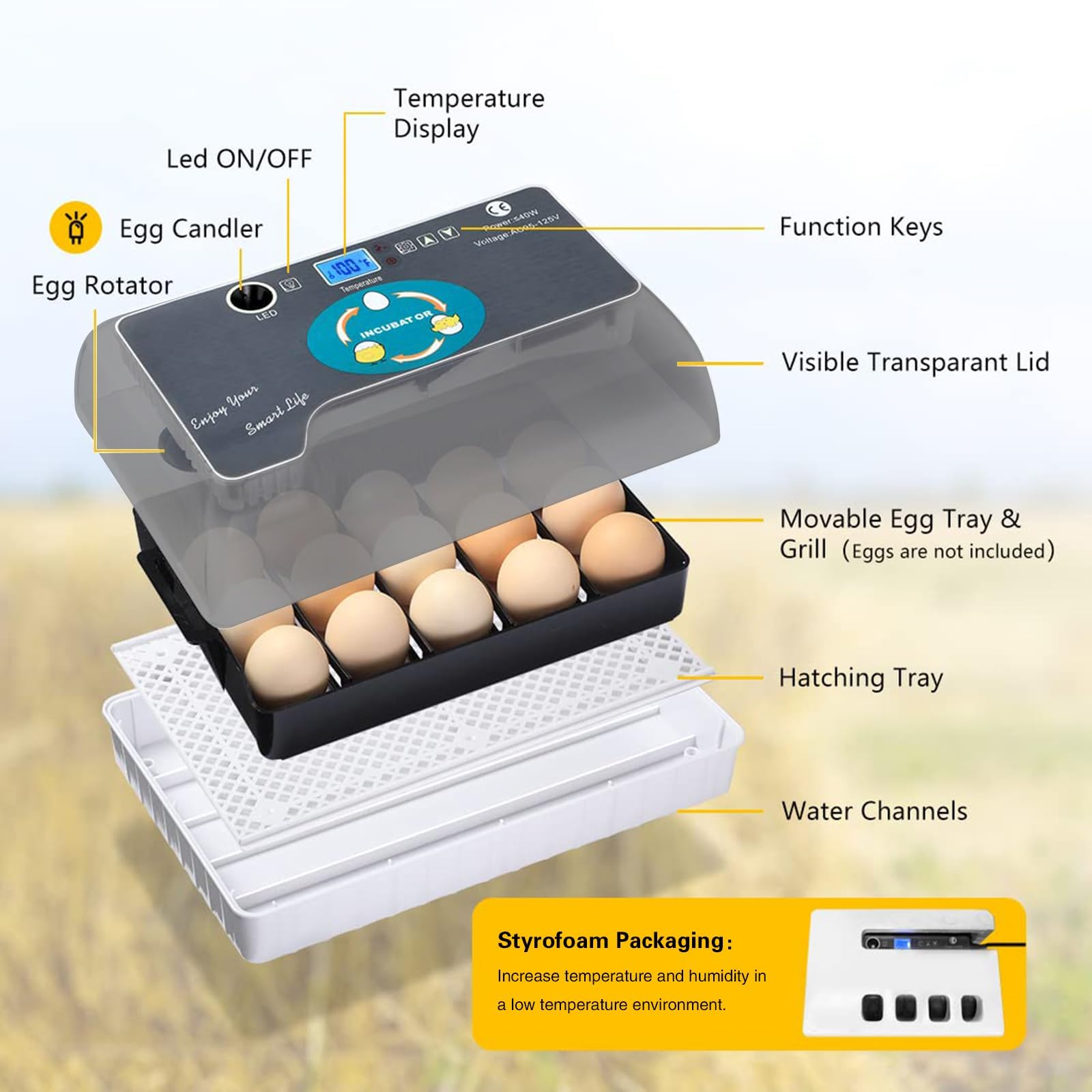 Incubadora automática de huevos para 12 huevos, incubadora digital con giro de huevos para incubar pollos, patos, gansos, codornices y otros pájaros