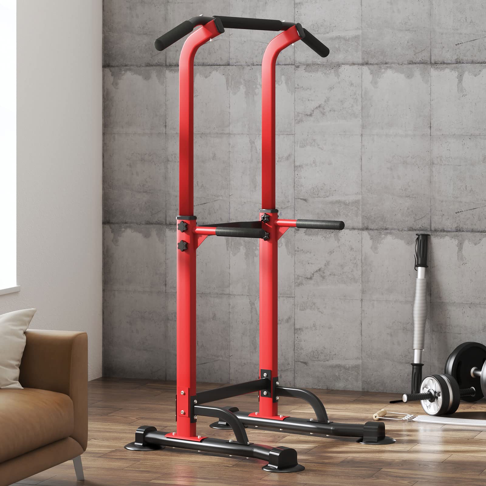 sogesfurniture Power Tower Tour de Musculation Barre de Traction Station de tractions dips abdominaux pour Entrainement Fitness à la Maison, Hauteur Réglable 165-210 cm, Noir&Rouge