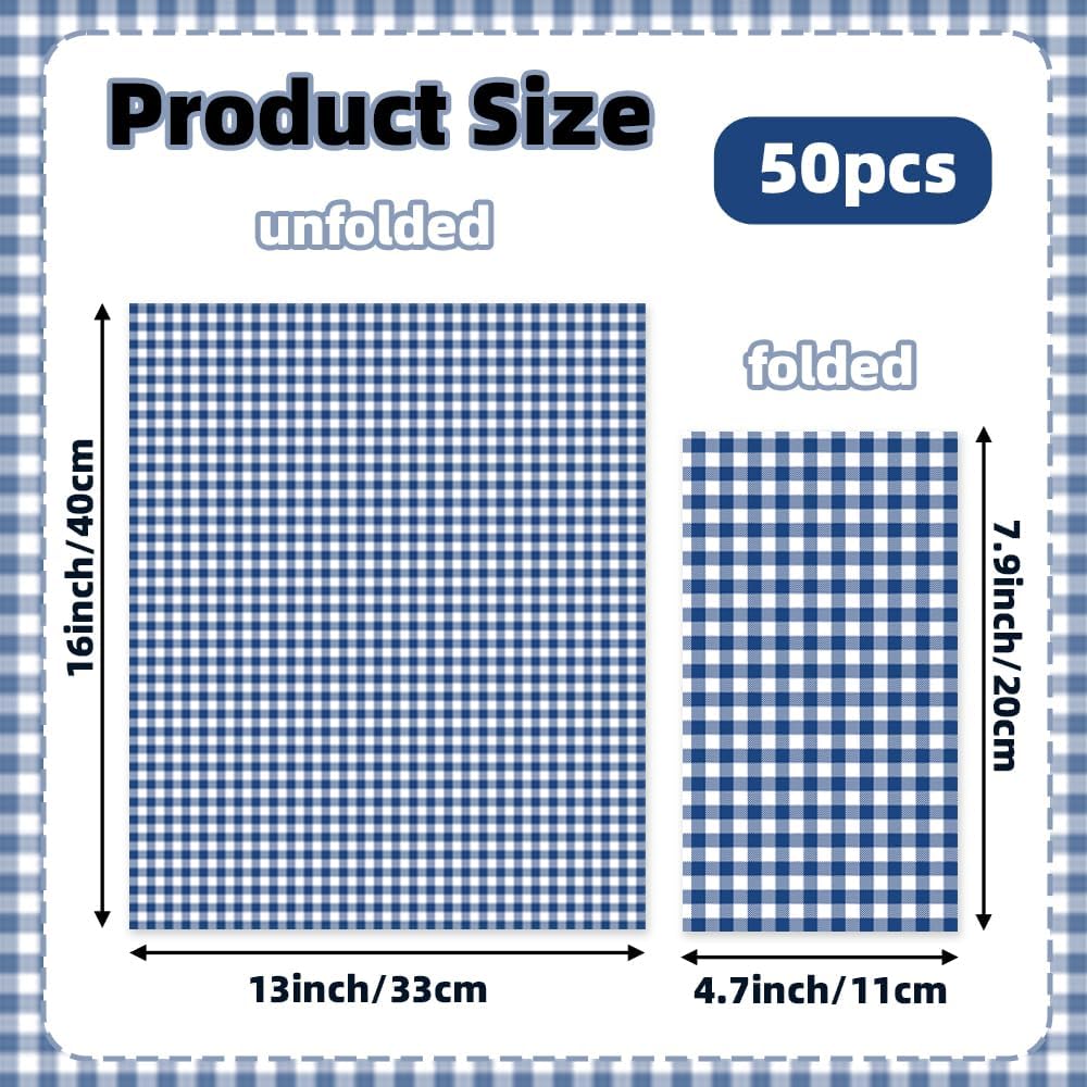 Blue Gingham Napkins, 50 PCS Blue and White Checkered Party Napkins, Bathroom Napkins Guest Disposable, Dinner Beverage Paper Napkin Tableware for Birthday, Baby Shower, Wedding, Picnic, Restaurant