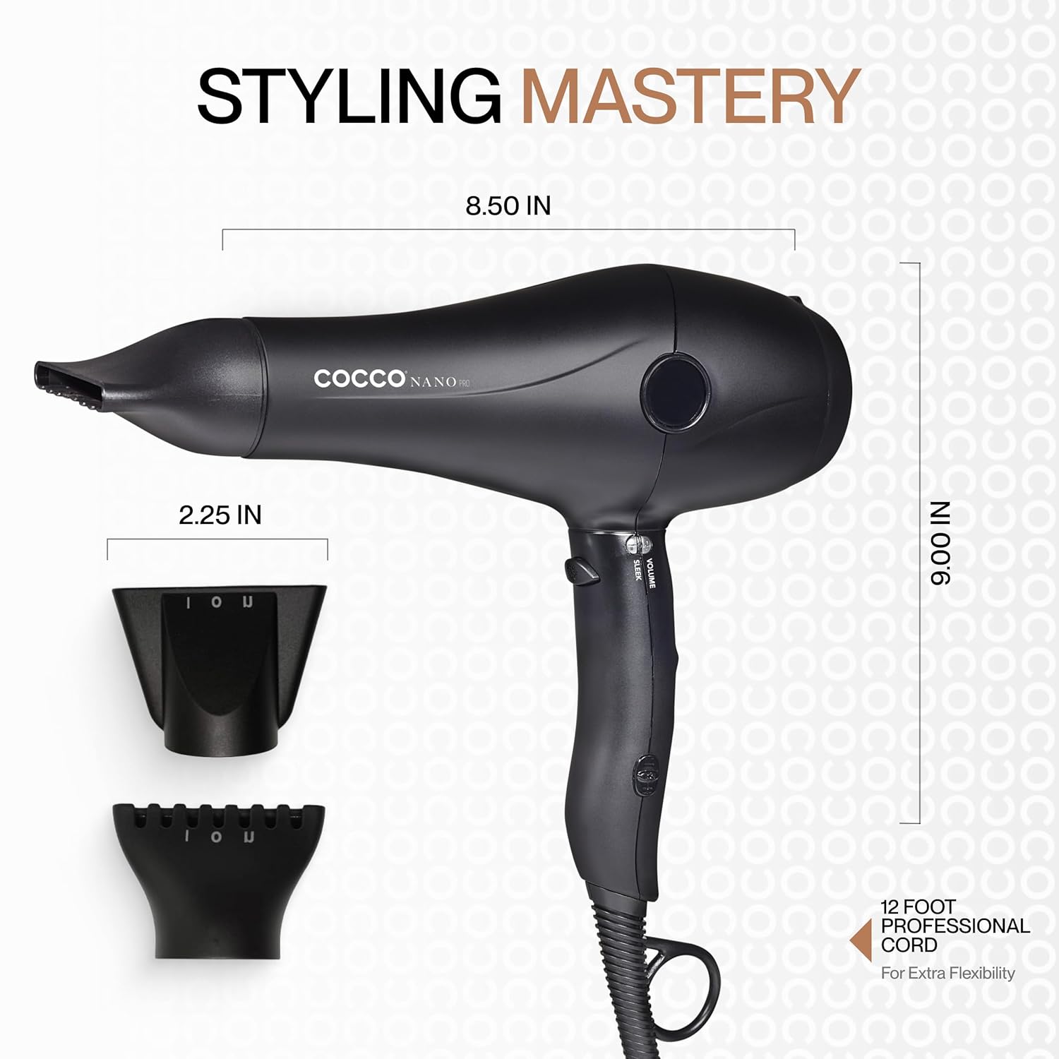 Cocco Nano Pro Hair Dryer, Ultra Lightweight, Ionic Intel System, Ceramic Spheres Technology, Professional Performance, Black