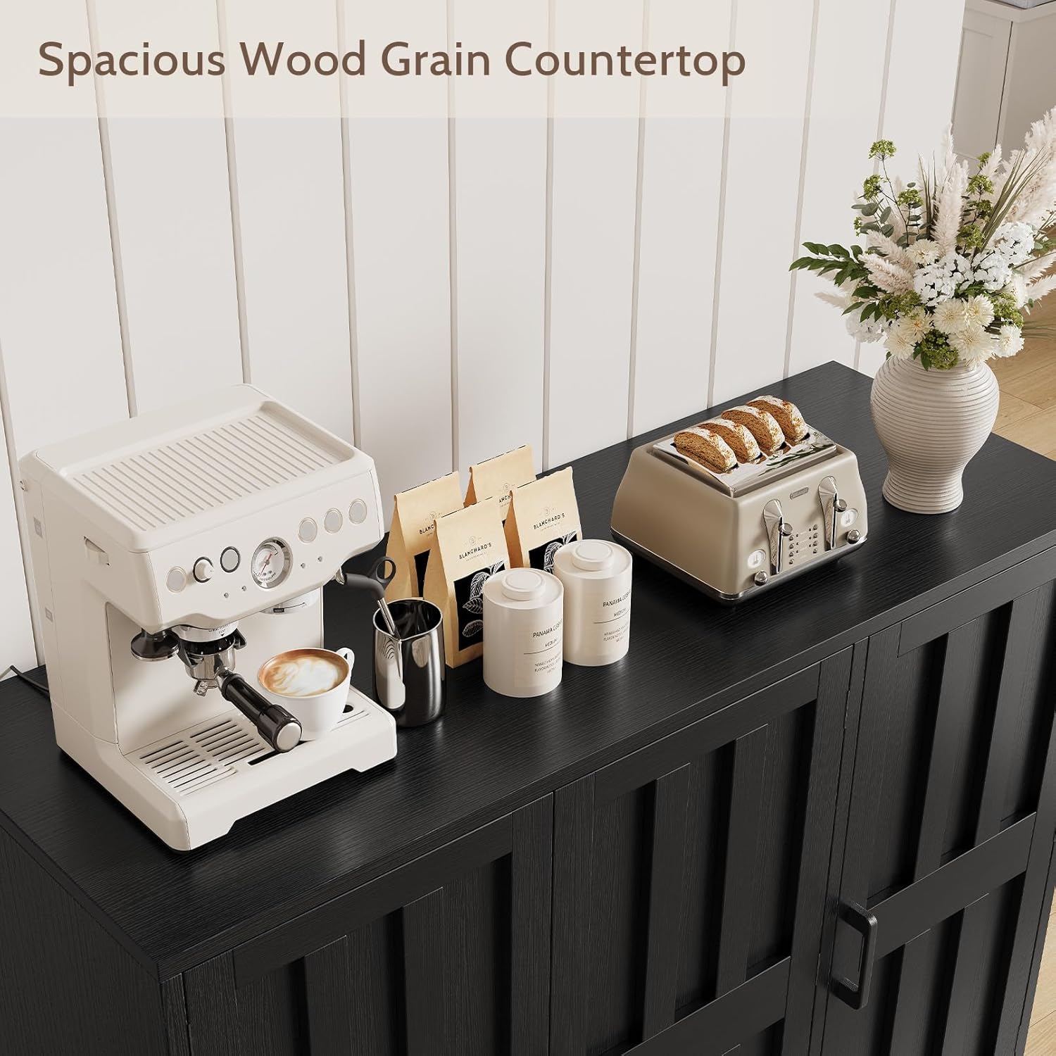 Modern Farmhouse Buffet Cabinet with Storage, 42" Large Sideboard Storage Cabinet with 3 Barn Doors, Coffee Wine Bar Cabinet Wood Table Credenza with Adjustable Shelf for Kitchen Dining Living Room