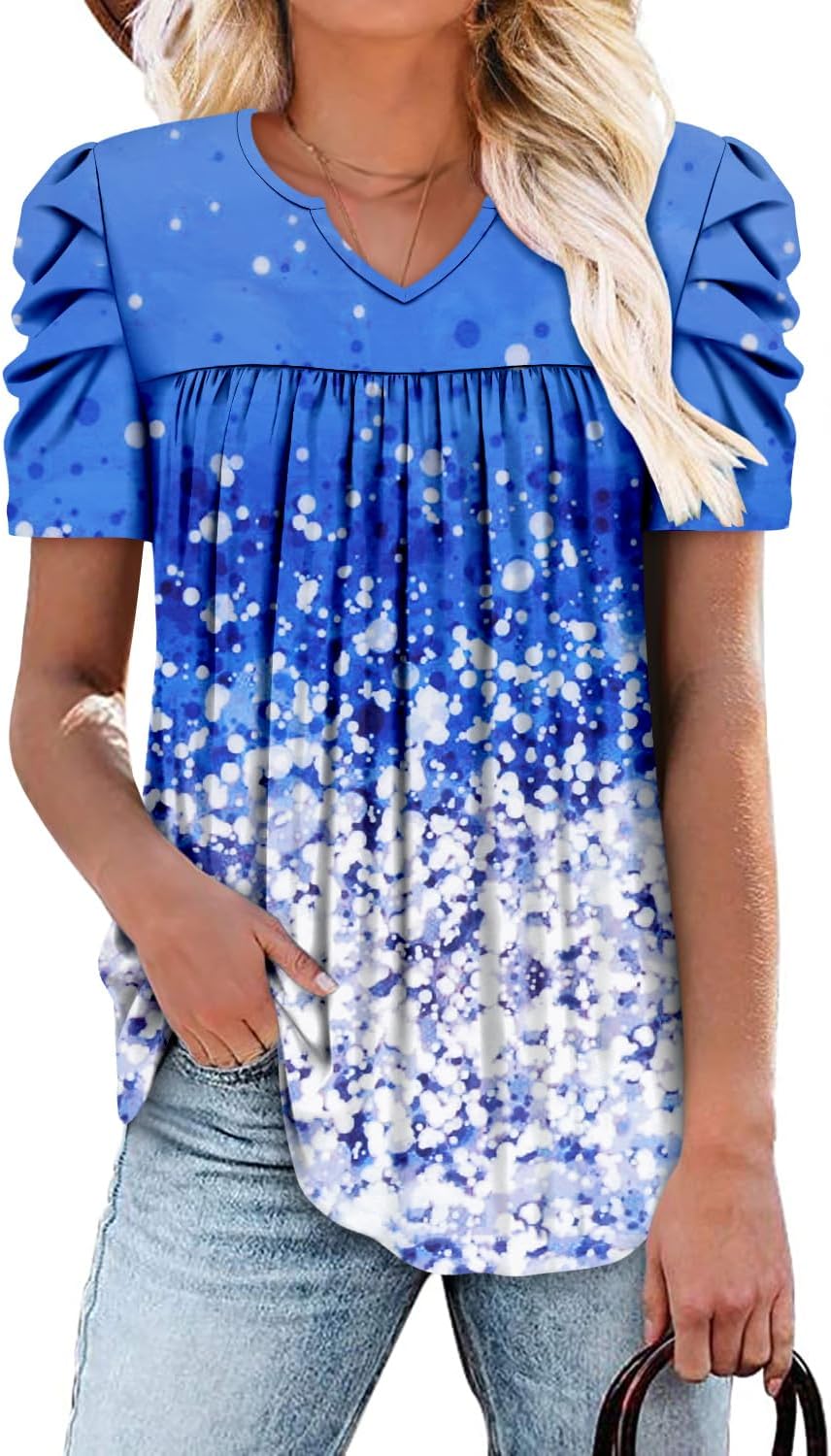 CHICZONE Women’s Tunic Tops Short Sleeve T Shirts Summer V Neck Pleated Blouses