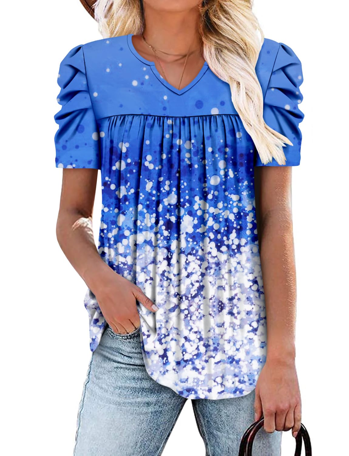 onlypuff Women's Short Sleeve Tops T Shirts Summer V Neck Pleated Tunic Blouses