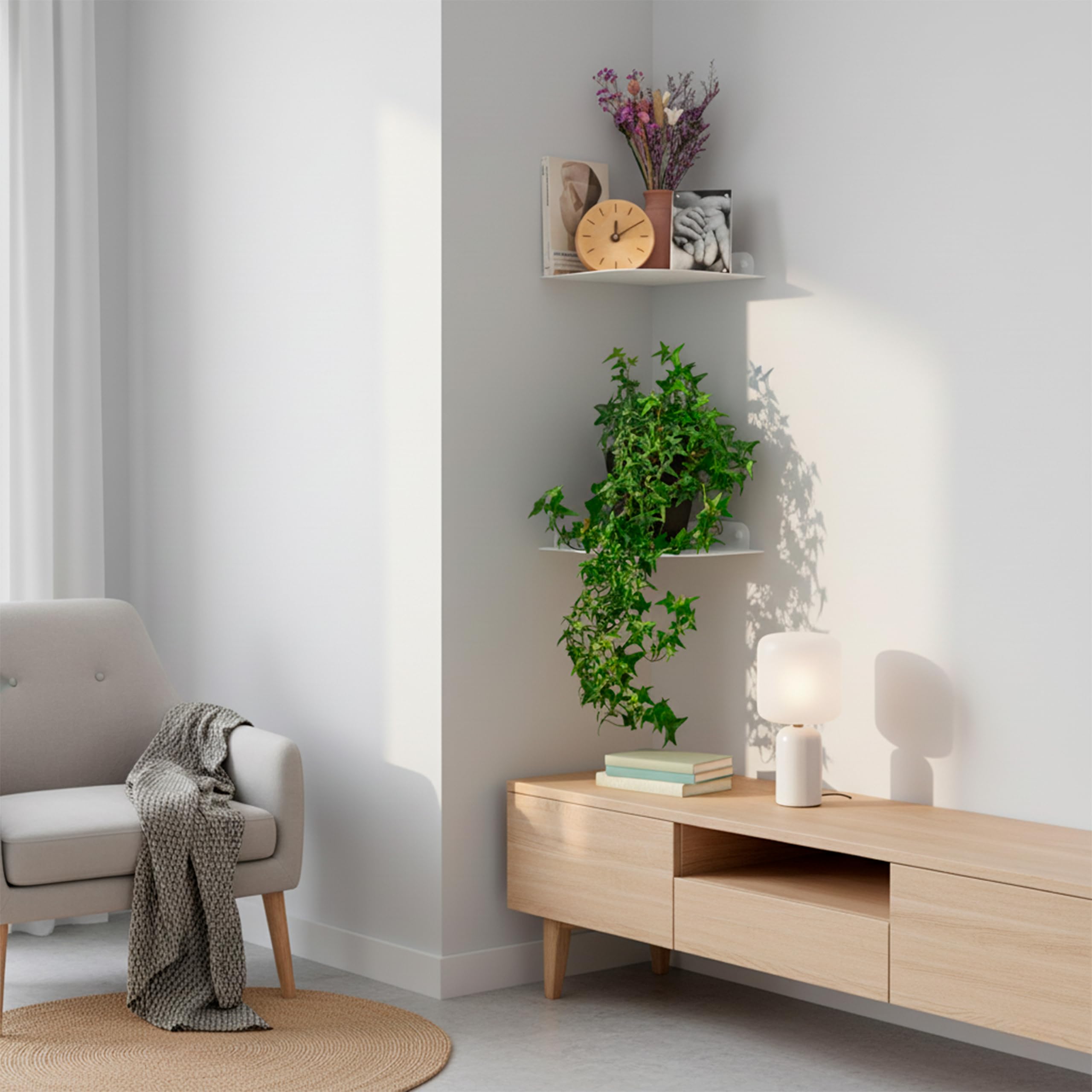 Balda esquinera metálica Flotante de Pared para salón, Cocina, baño y Entrada • Estantería de Esquina Invisible para Plantas y Libros • Repisa rinconera de Metal Minimalista para recibidor