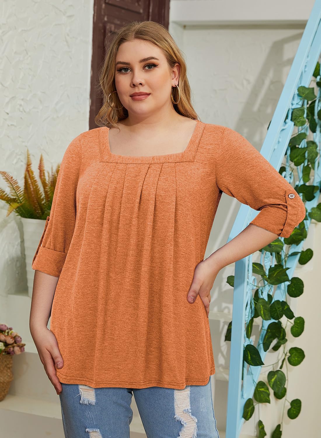 Siddhe Plus Size Tops for Women 3/4 Rolled Sleeve Tunics Square Neck Top Casual Loose Fit Shirt Blouses - Image 2