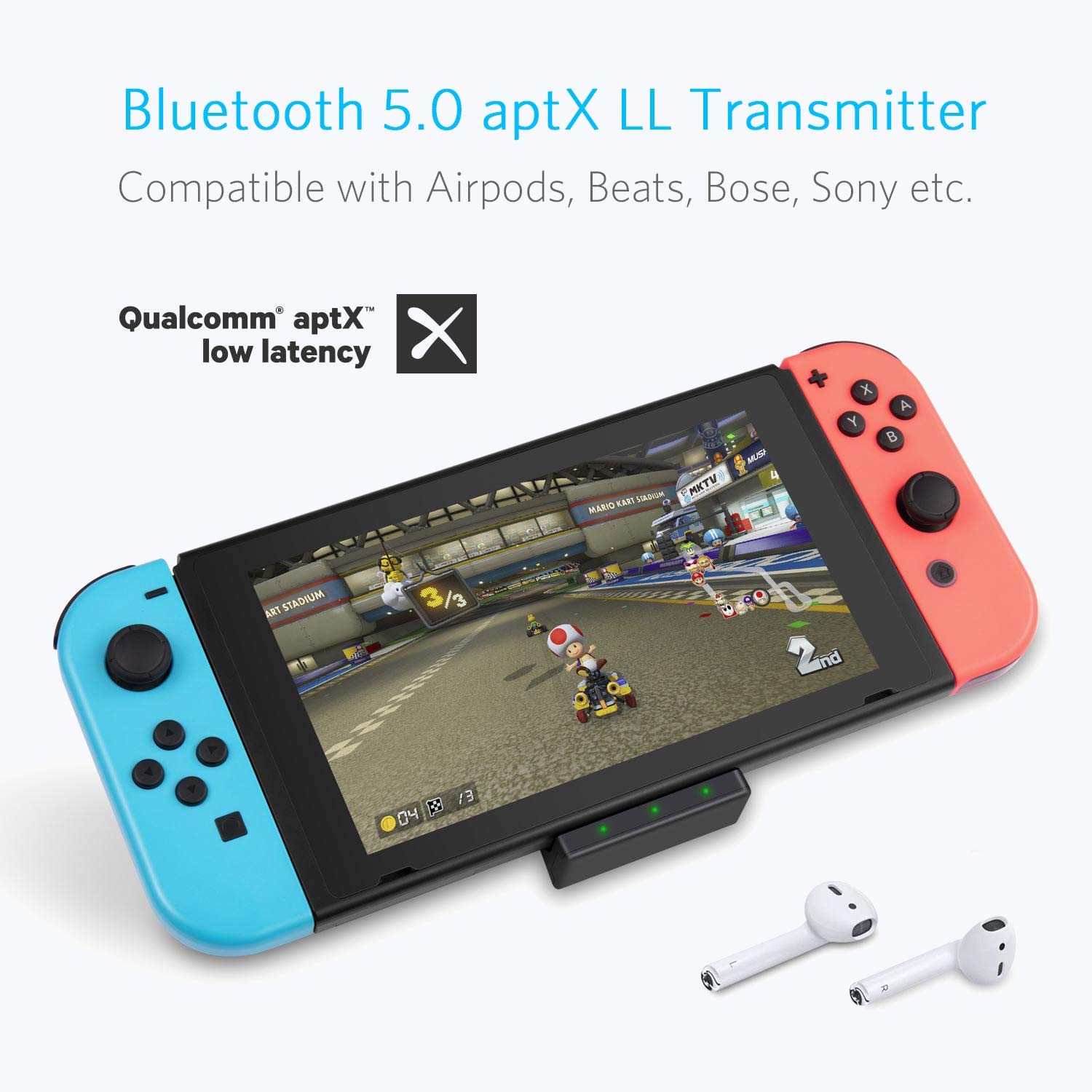 FreePro Bluetooth 5.0 aptX Low Latency Transmitter Adapter for Nintendo Switch & Switch Lite, PD Fast Charging with Dual Audio Streaming, Compatible with Airpods,Beats,Bose,Sony