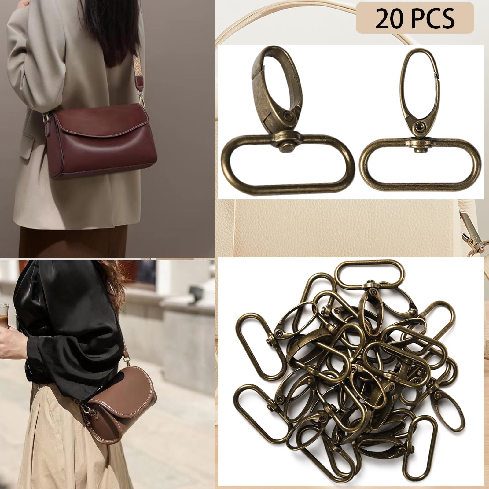 100 Pièces Mousqueton Sac a Main Kits,Couture Accessoires Mercerie,Contient 20 Pièces Crochets Pivotants,40 Pièces Anneaux de D,40 Pièces Boucle en Métal Tri-Glide