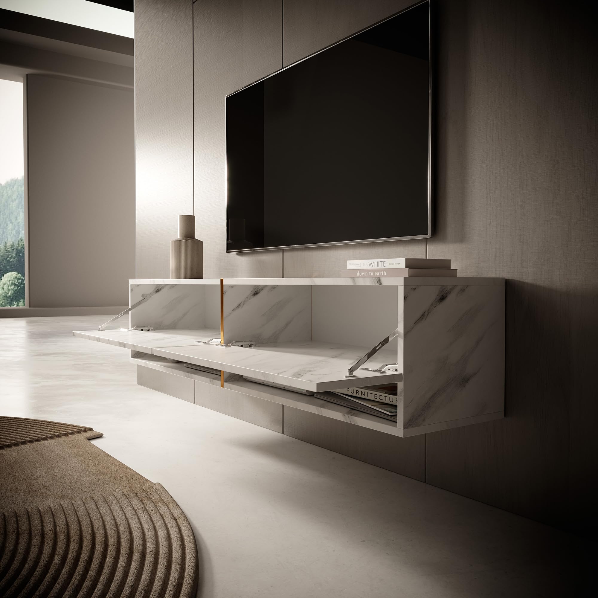 Selsey Mueble De TV Suspendido con 2 Puertas 2 Cajones Mesa De TV para Salón Dormitorio 140 cm Mármol Blanco con Inserción Dorada Mirrgo