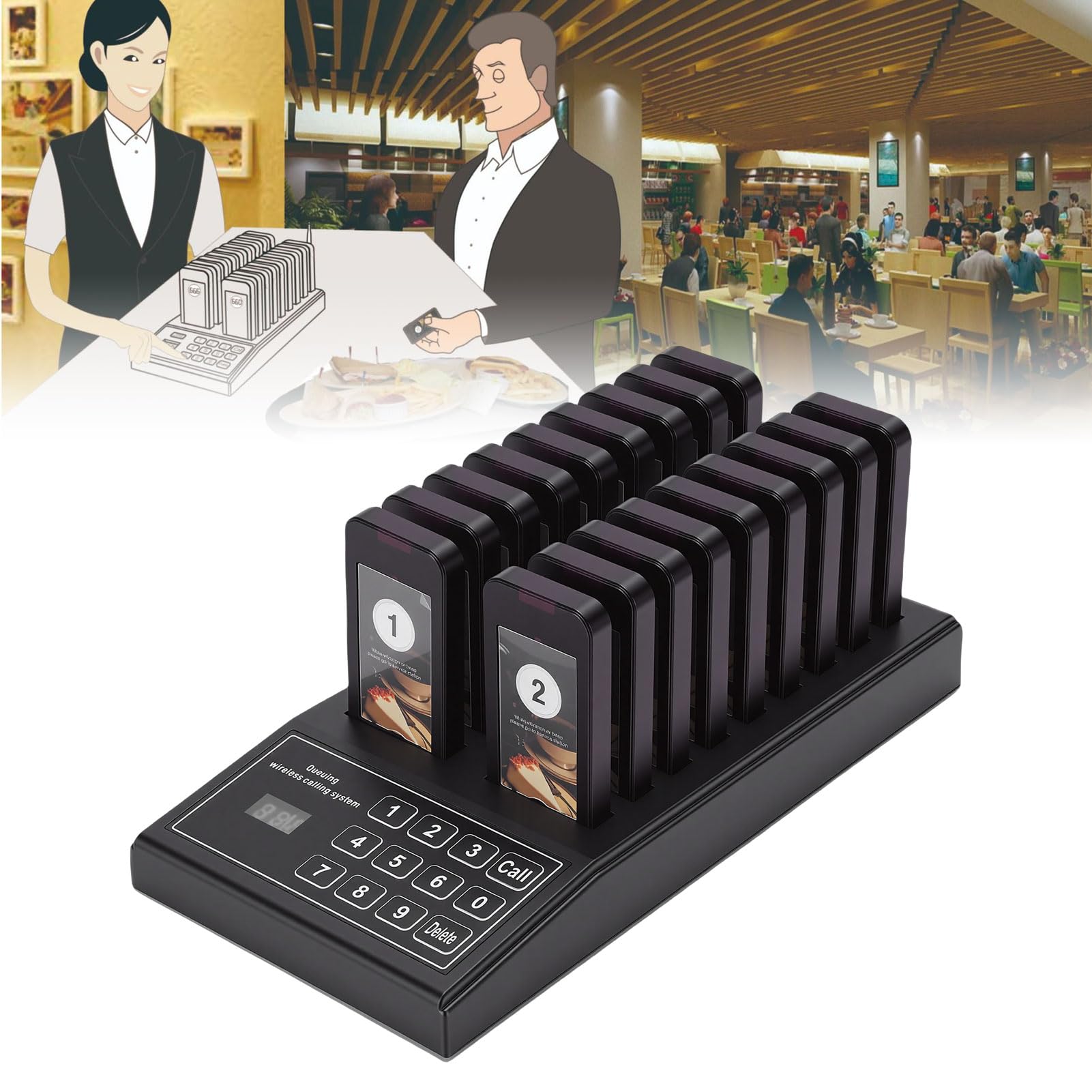 Cercapersone per Ristoranti, di Chiamata Wireless Ricaricabile, Kit Cercapersone con 1 Trasmettitore e 18 Ricevitori, per Ristoranti, Aree Ristorazione, Hotel (Spina europea)