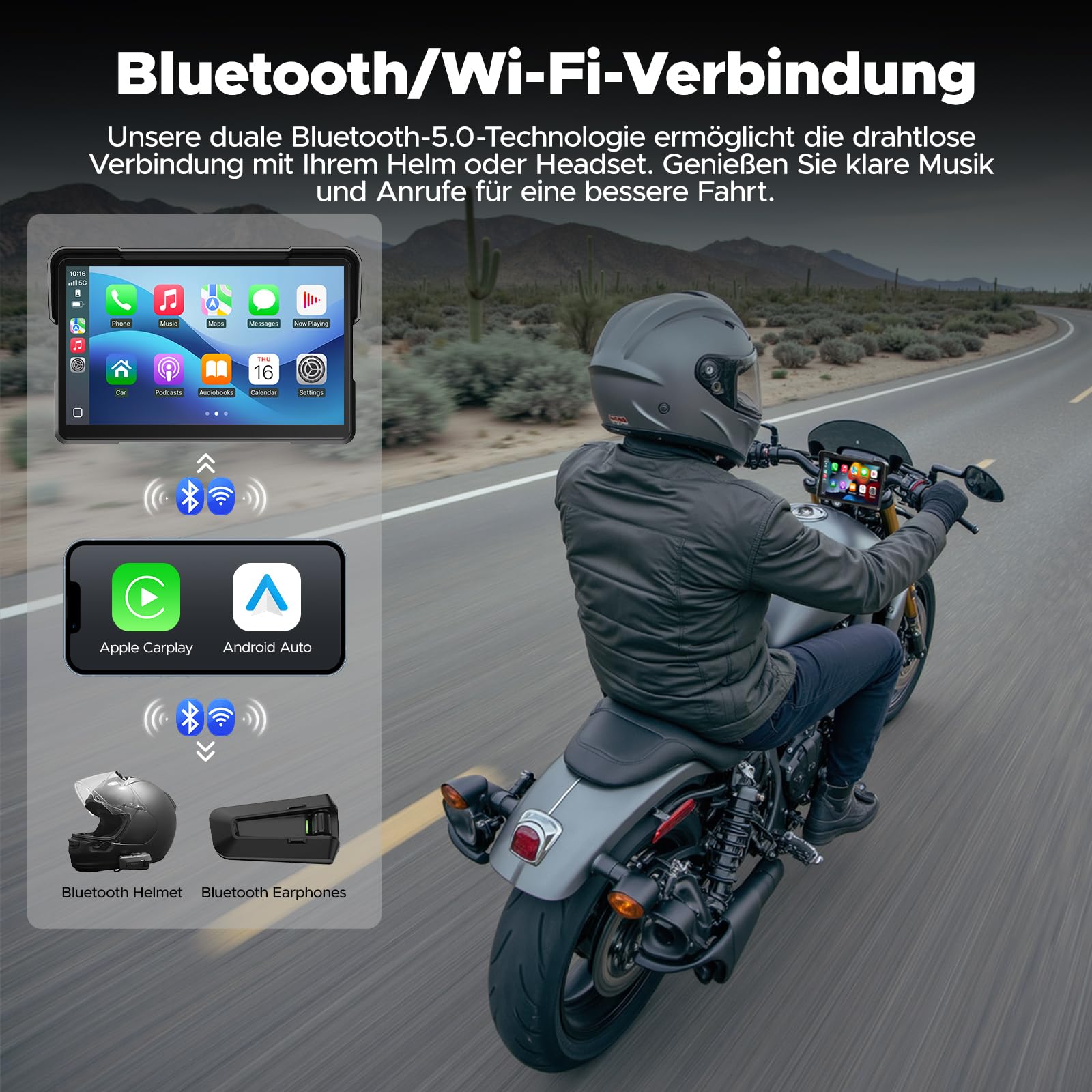 Volam Schermo Carplay per Moto con Senza Fili CarPlay & Android Auto, 7 Pollici Touchscreen Autoradio Portatile per Motocicletta con Navigazione, Doppio Bluetooth
