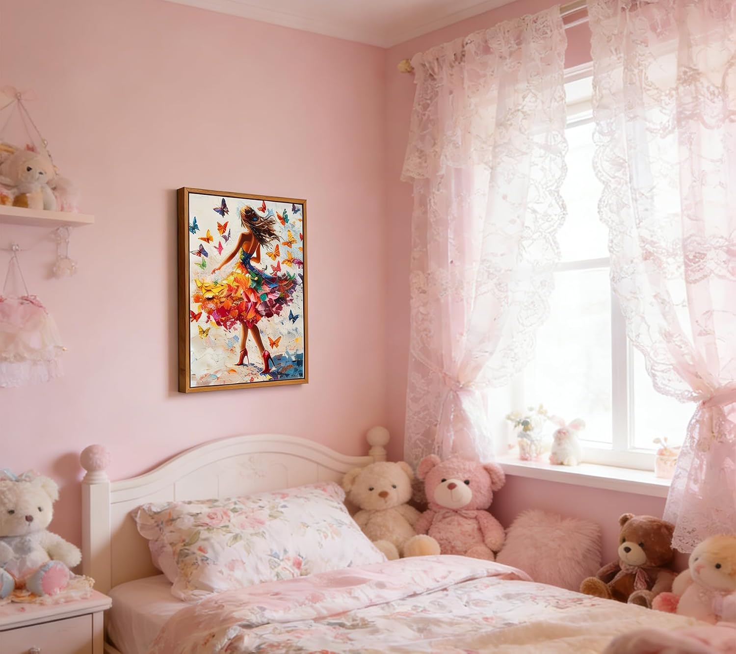 Framed Colorful Butterfly Girl Canvas Wall Art, Dancing Girl Picture Painting Wall Decor, Abstract Women Poster Vintage Print, for Girls Bedroom Home Decoration, 12x16in Ready to Hang image 2