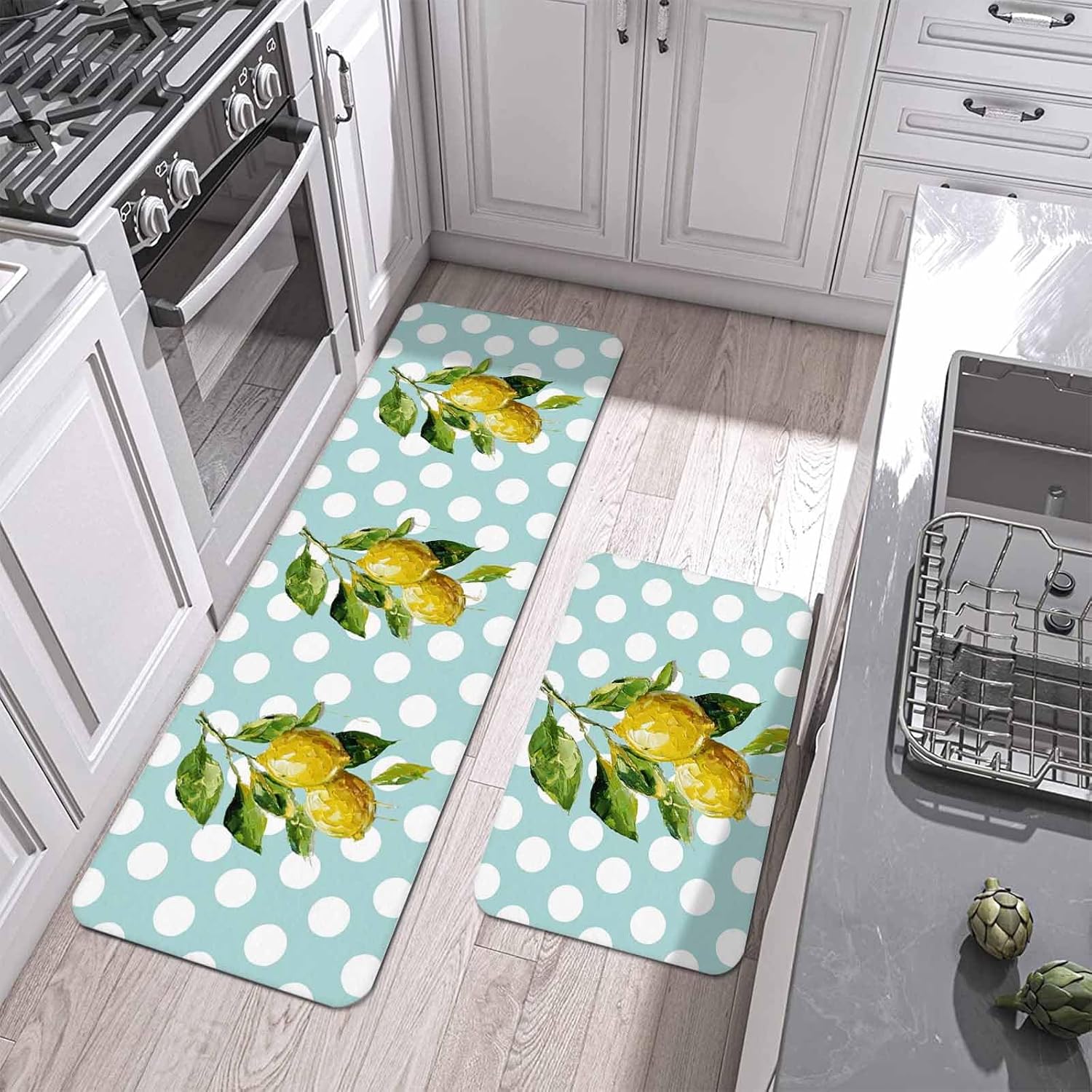 Yellow Lemons Kitchen Mat Set 2 Pieces Hand-painted Style Lemon White Polka Dots Light Blue Non Slip Kitchen Rugs Washable Runner Rug Mats for Floor Sink Laundry Office 19.7" x 31.5"+19.7" x 63"