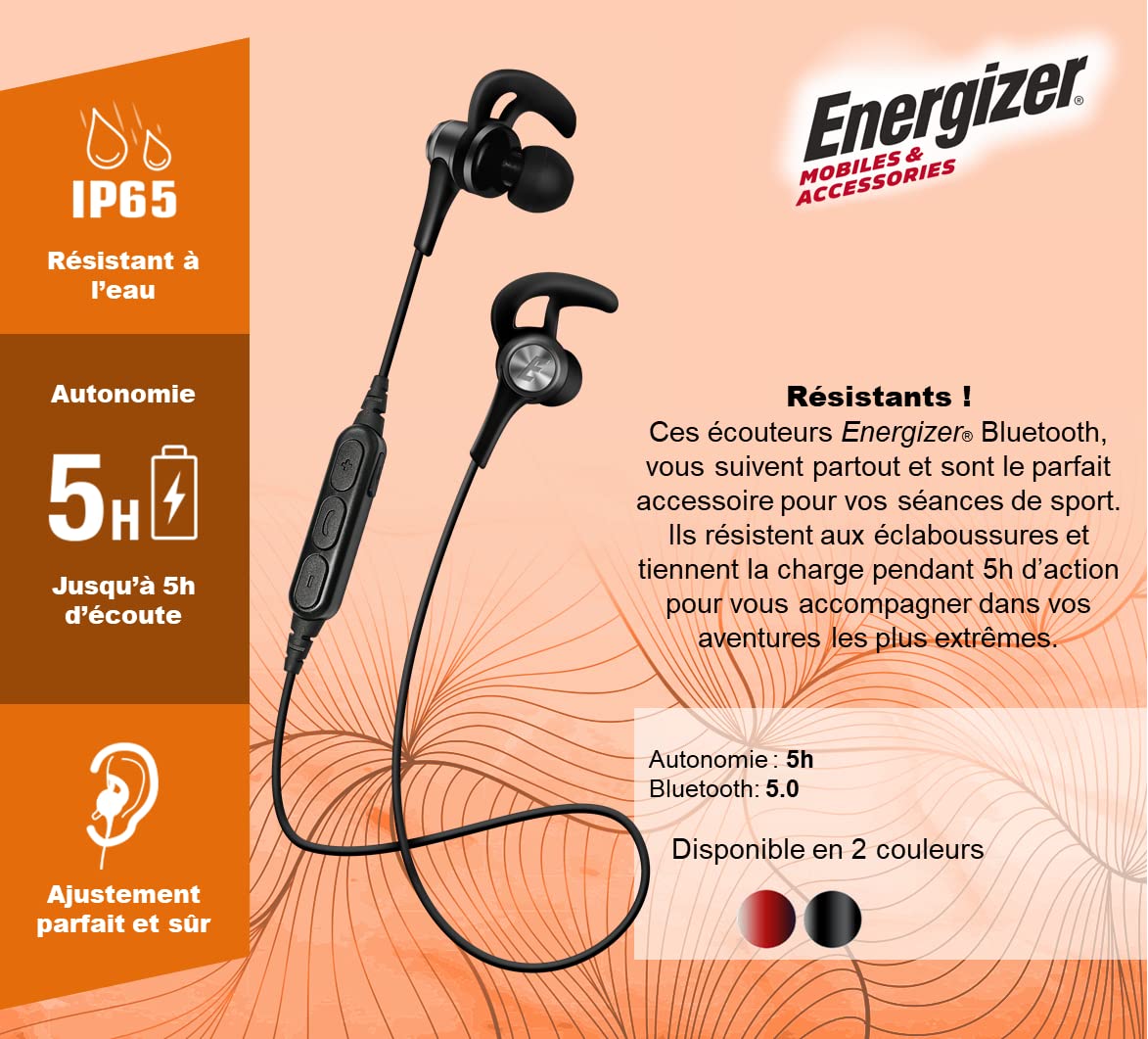 Energizer - Bezprzewodowe słuchawki sportowe Hard Case - IP65 - Bluetooth 5.0 - Czas pracy: 5 godzin - Czarny