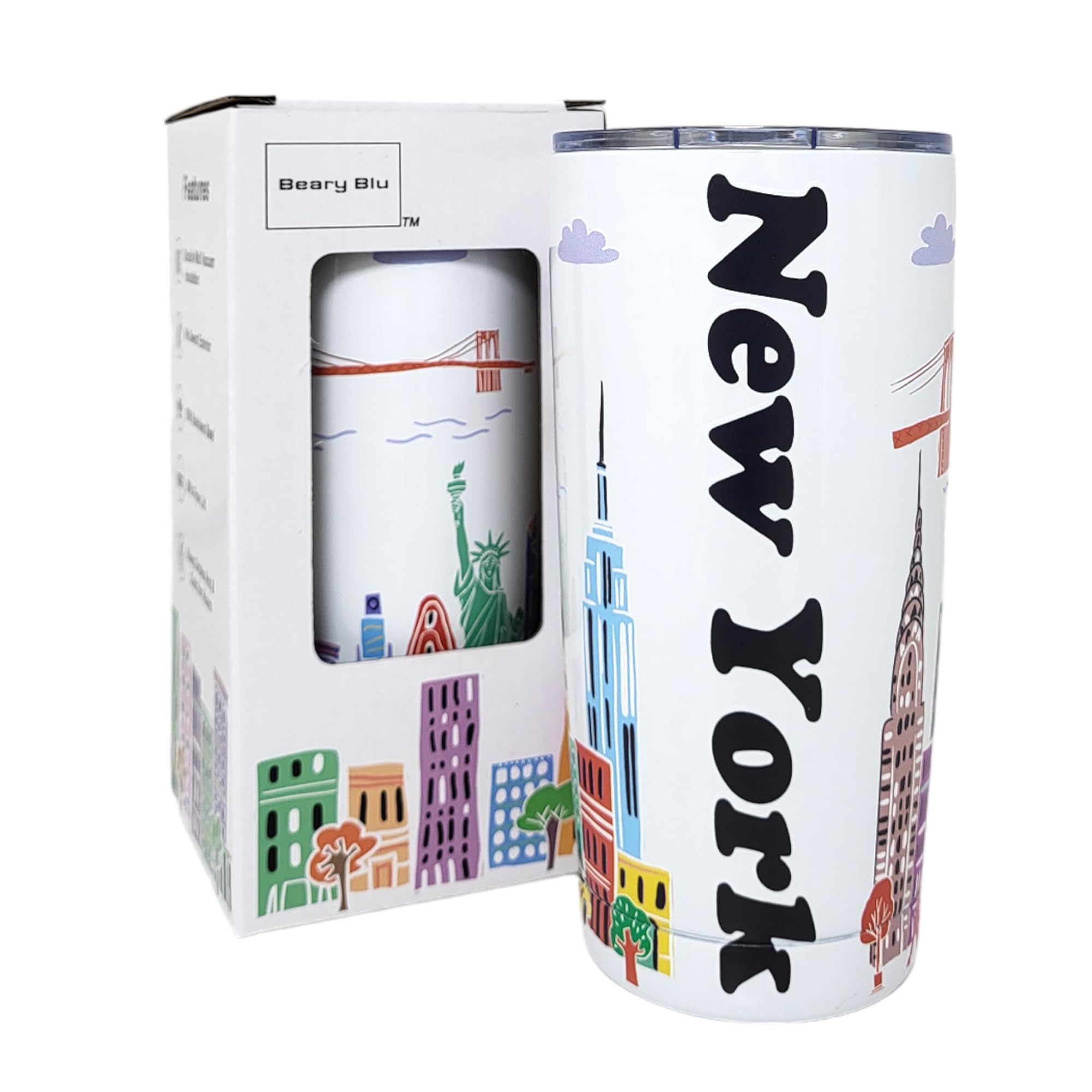 Beary Blu City Themed Artwork Tumbler Collection - Designed in the USA - 20oz Vacuum Insulated Tumbler with Lids - Stainless Steel Coffee Travel Mug