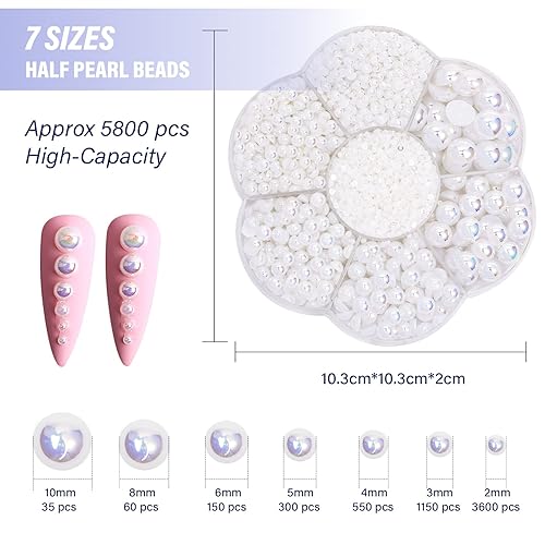 Miniatura 2 de Canvalite - 5800 piezas de medias perlas para manualidades, perlas de uñas para arte de uñas, 7 tamaños, perlas de parte trasera plana, dijes de