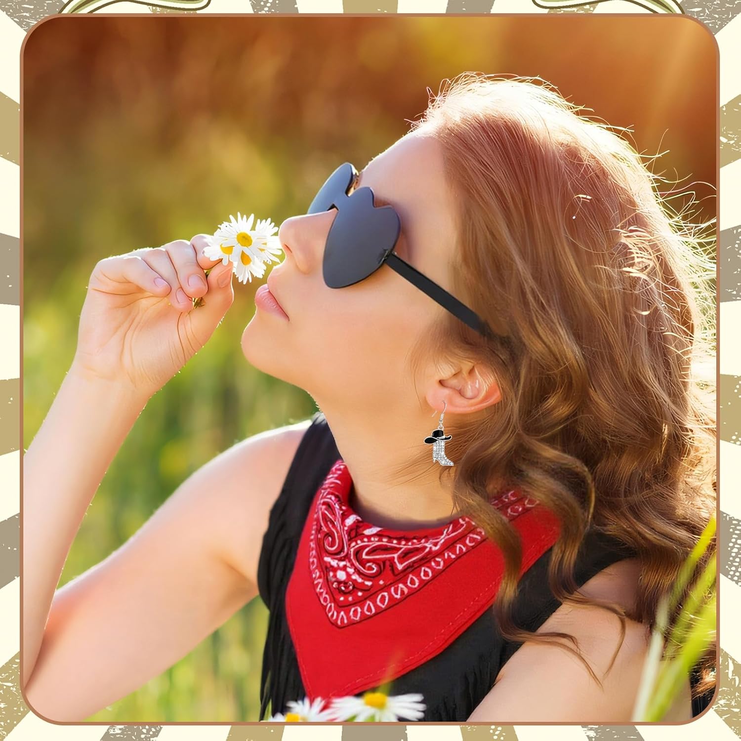 6Pcs Western Cowgirl Costume for Women Cowgirl Outfits Set Fringe Vest Cowboy Hat Glasses Earring Bandana Bracelet - Image 7