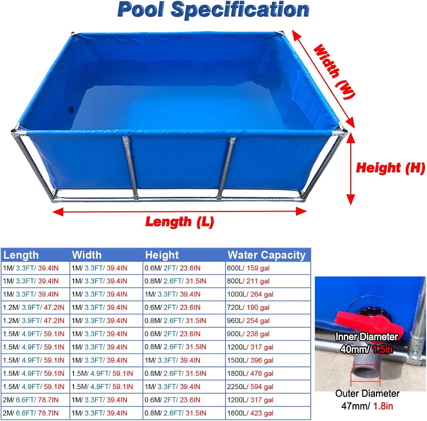 Large Rectangle Steel Frame Above Ground Swimming Pool, Easy Assembly Durable Fish Pool for Summer, 600L-2250L Capacity, 1.5x1x1m/4.9x3.3x3.3ft