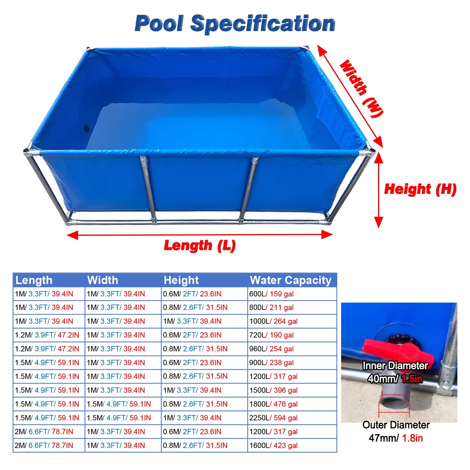 Generico Kit Piscina Fuori Terra Rettangolare con Struttura in Metallo, Piscina per Esterni Adatta alle Famiglie, capacità 1800 Litri, Serbatoi d'Acqua multifunzionali, Anti-Perdita, Altezza 2,6 Pied