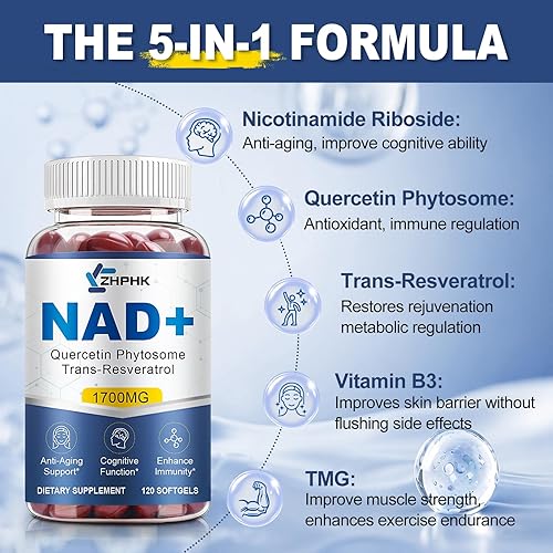 Miniatura 3 de Suplemento NAD Softgels de 1700 mg, suplementos Nad para mujeres y hombres con fitosoma de nicotinamida ribósido quercetina, resveratrol trans y