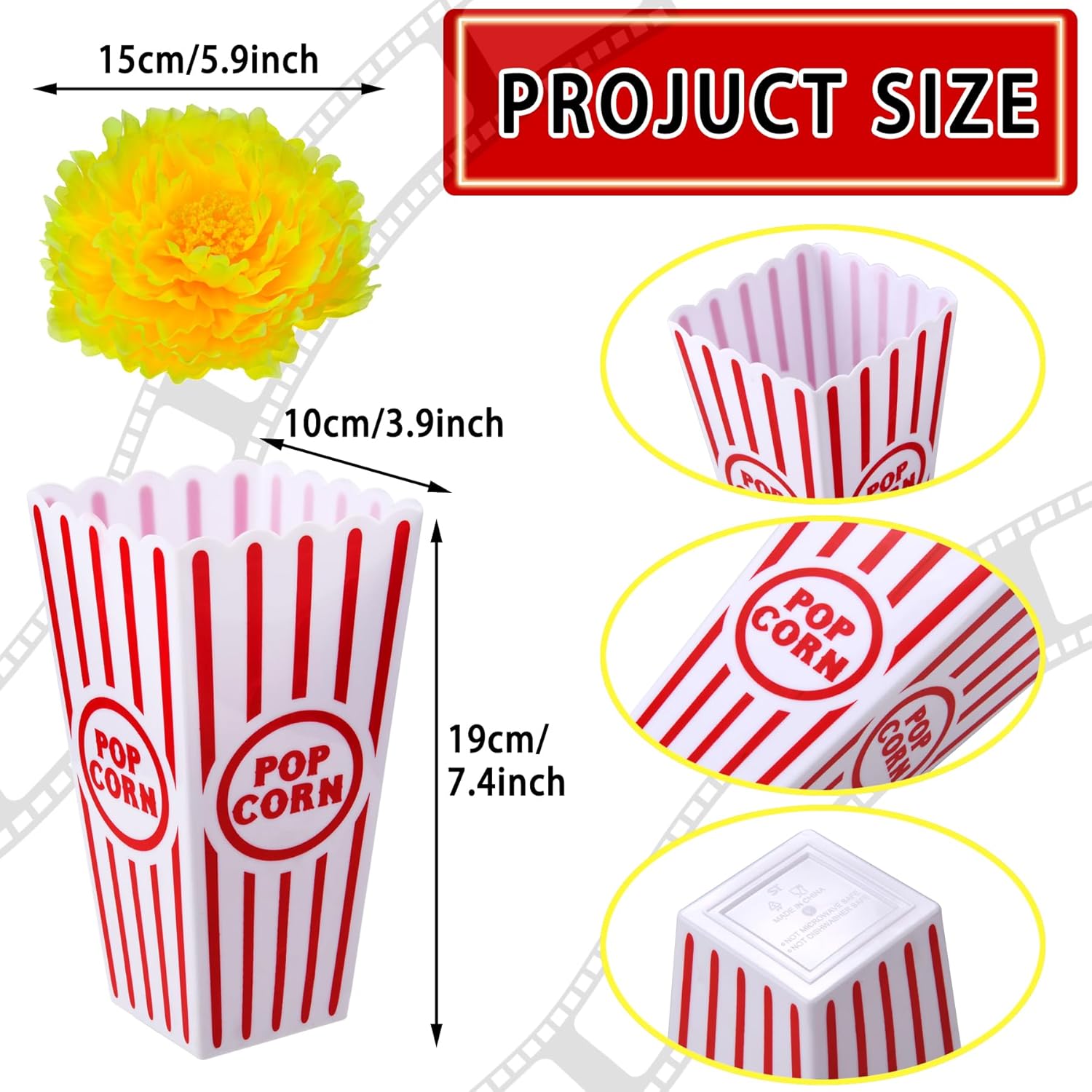 4set Movie Night Party Table Centerpieces Decor 4 Popcorn Buckets with 16 Yellow Artificial Flowers Cinema Theme Decoration for Birthday Wedding Party Tables Decor