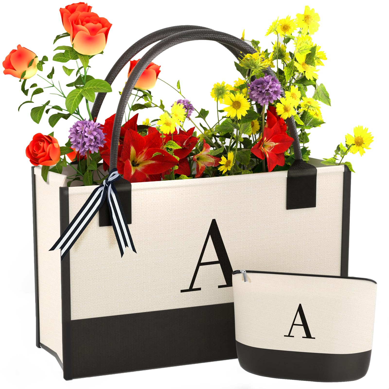 Monogrammed Canvas Tote Bag with Zipper Pockets - Ideal Gift for Mom, Teacher, Sister
