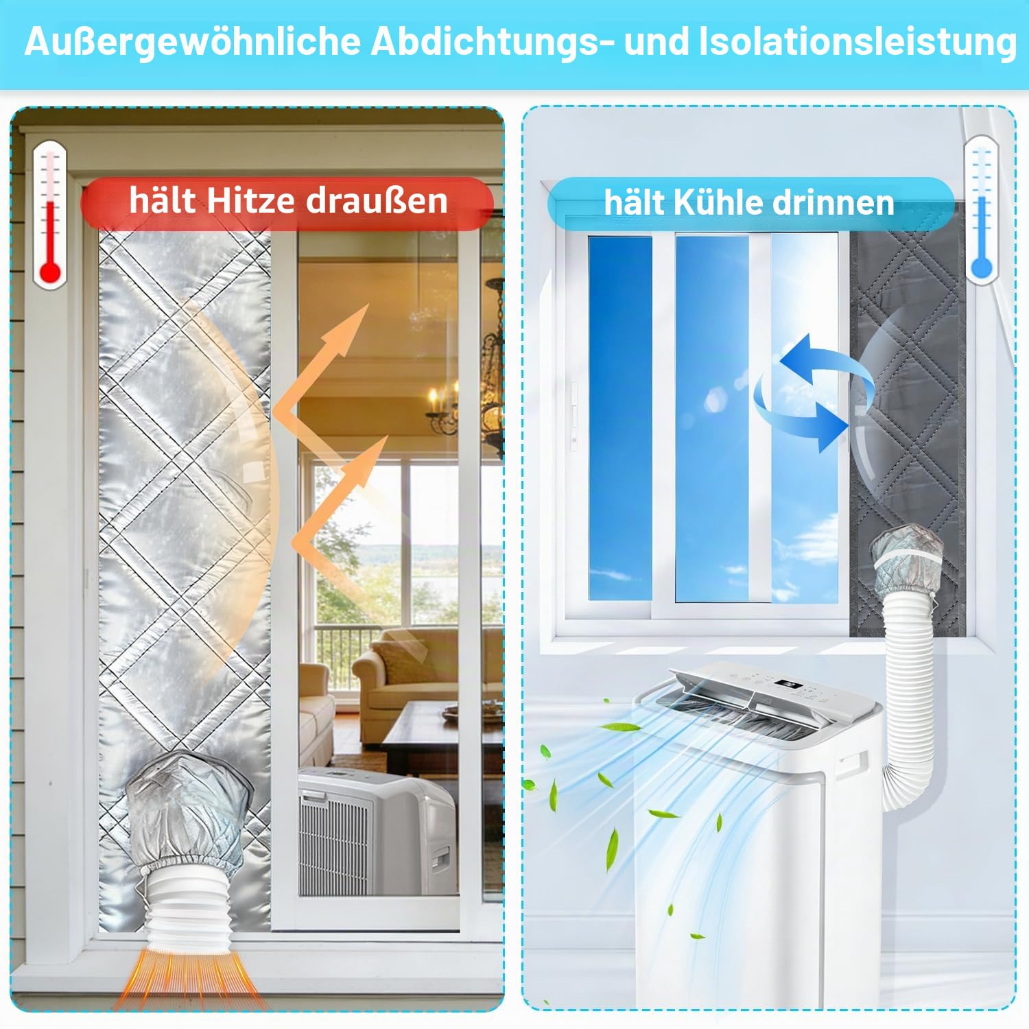 180cm Fensterabdichtung für Mobile Klimageräte-3-lagig verdickte Aluminiumfolie, Baumwolle & Oxford-Stoff,100% luftdicht, Wärmedämmung, größenverstellbar für Schiebefenster (horizontal/vertikal)