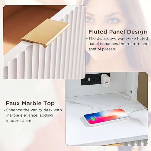 Miniatura 6 de T4TREAM Escritorio de tocador estriado de 48 pulgadas con espejo grande de 36 pulgadas y luces, moderna mesa de tocador grande con superficie de